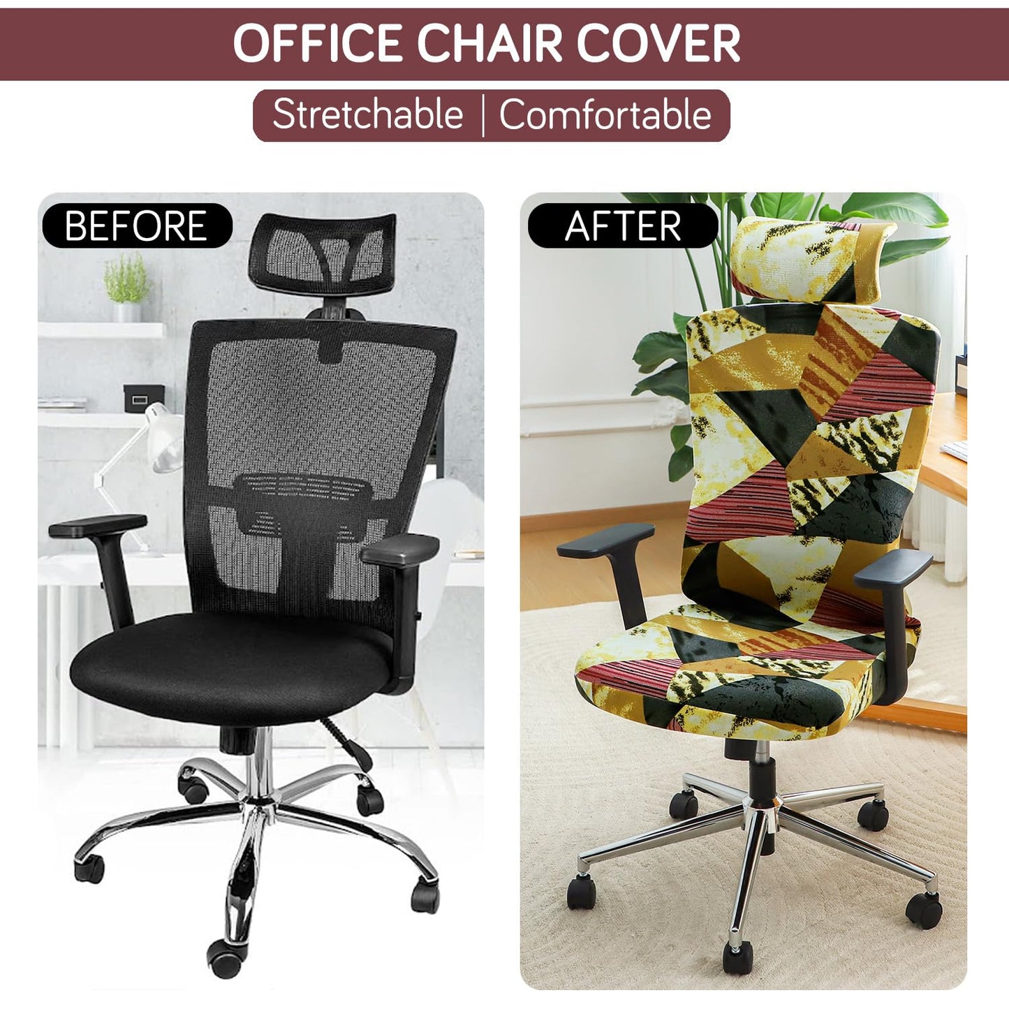Office Chair Cover with Headrest and Elastic Chair Covers, Wine Abstract Geometry