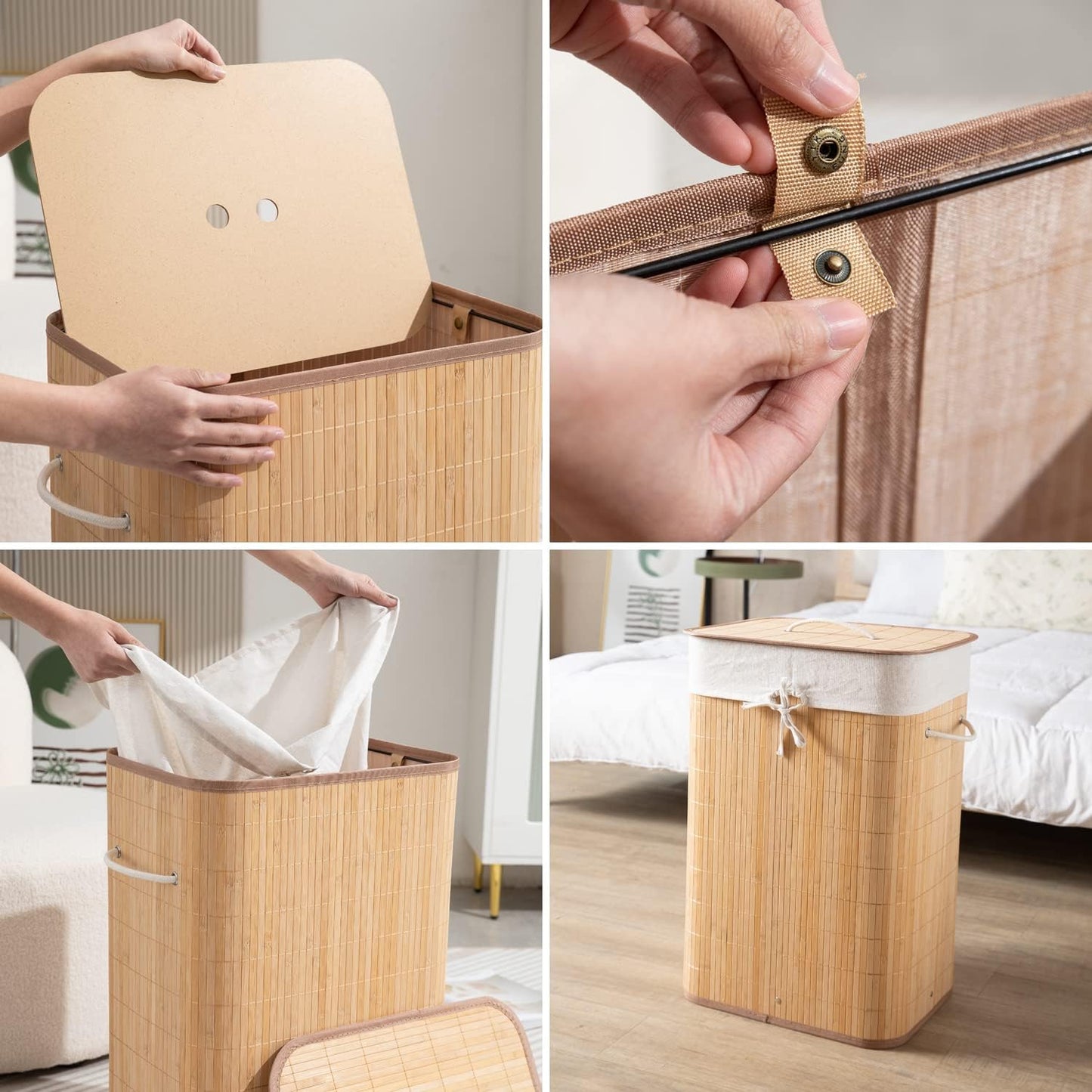 Eco-Friendly Foldable Bamboo Laundry Basket Hamper with Lid, Large - 81 Liter, Light Brown