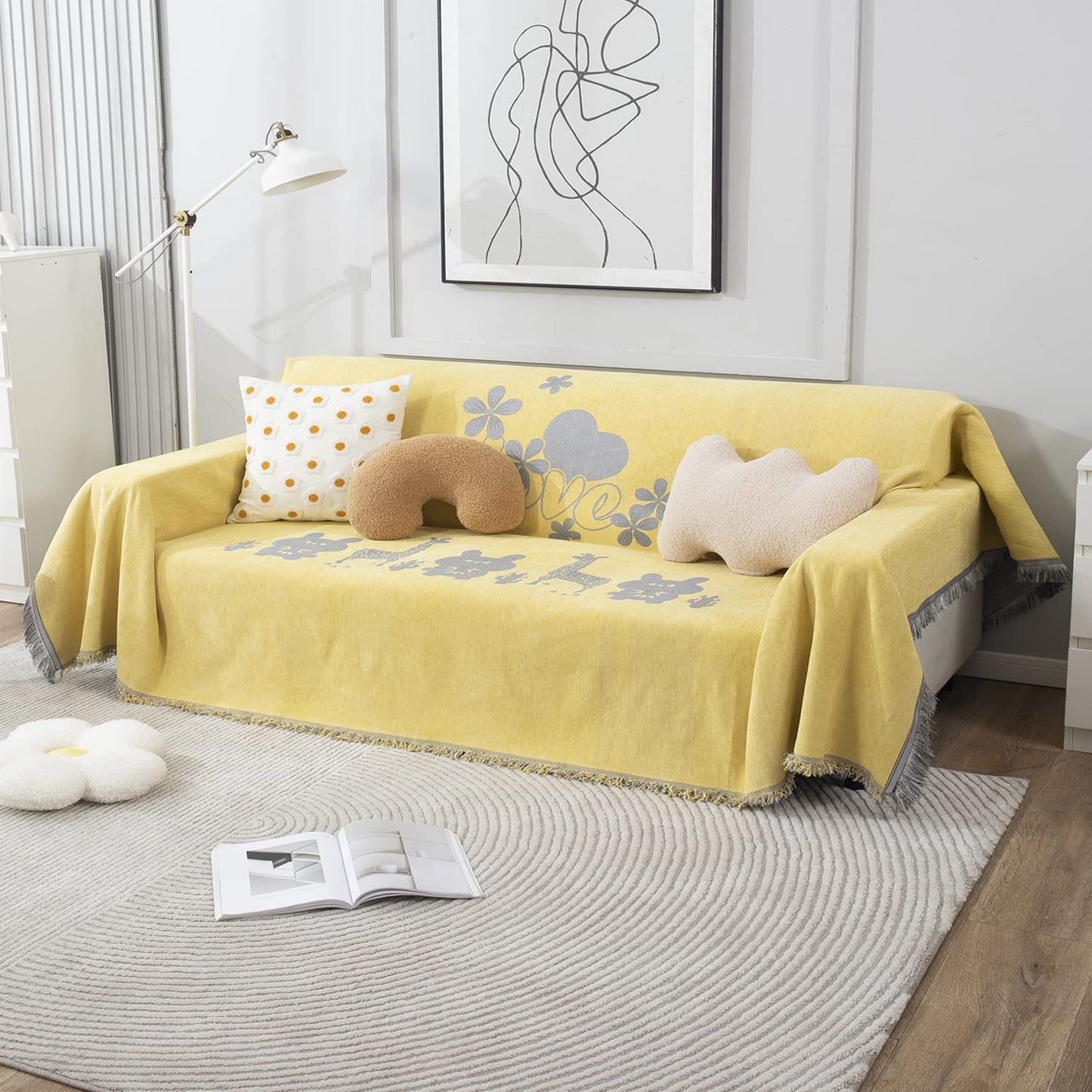 Yellow Nature Chenille Sofa Throw Blanket | 1/2/3 Seater Couch Throw