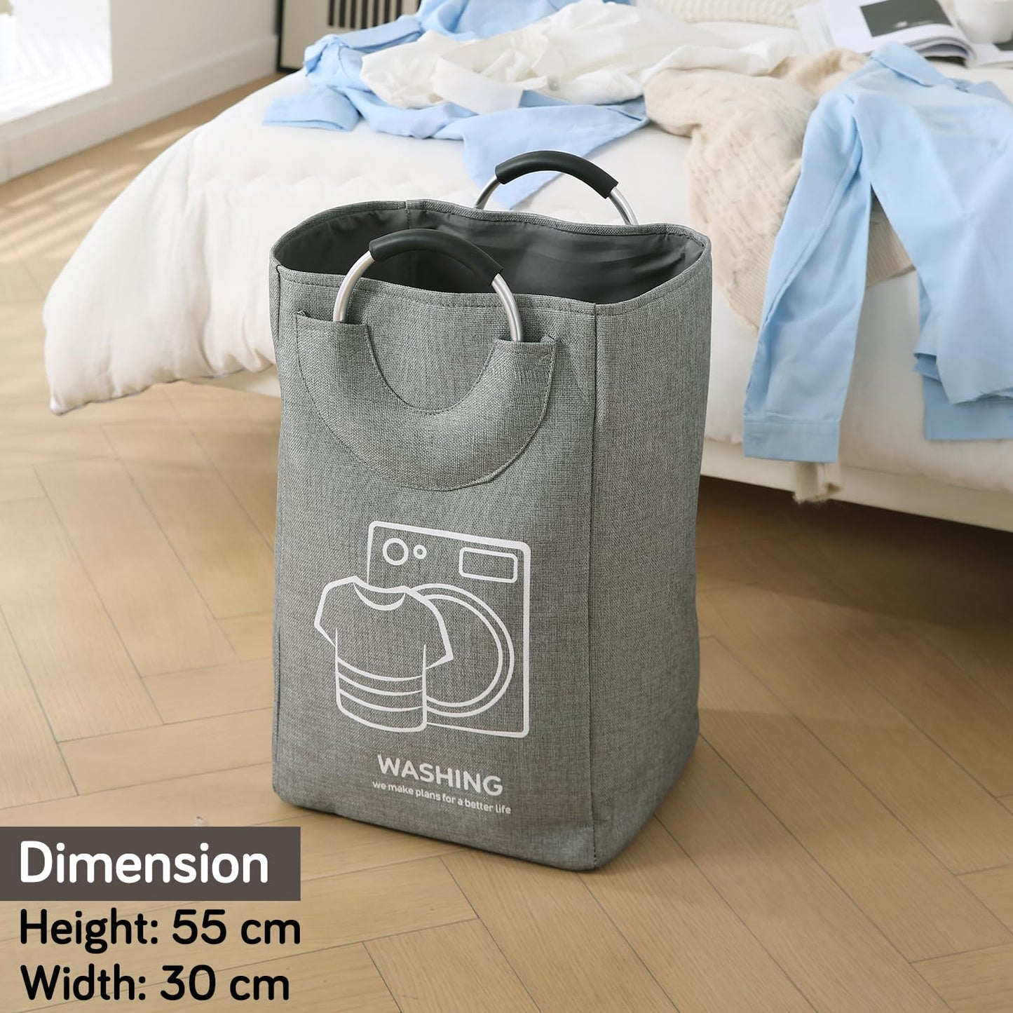 Folding Laundry Bag for Clothes Hamper Basket Collapsible Storage Basket, 30 x 27 x 55 cm Grey