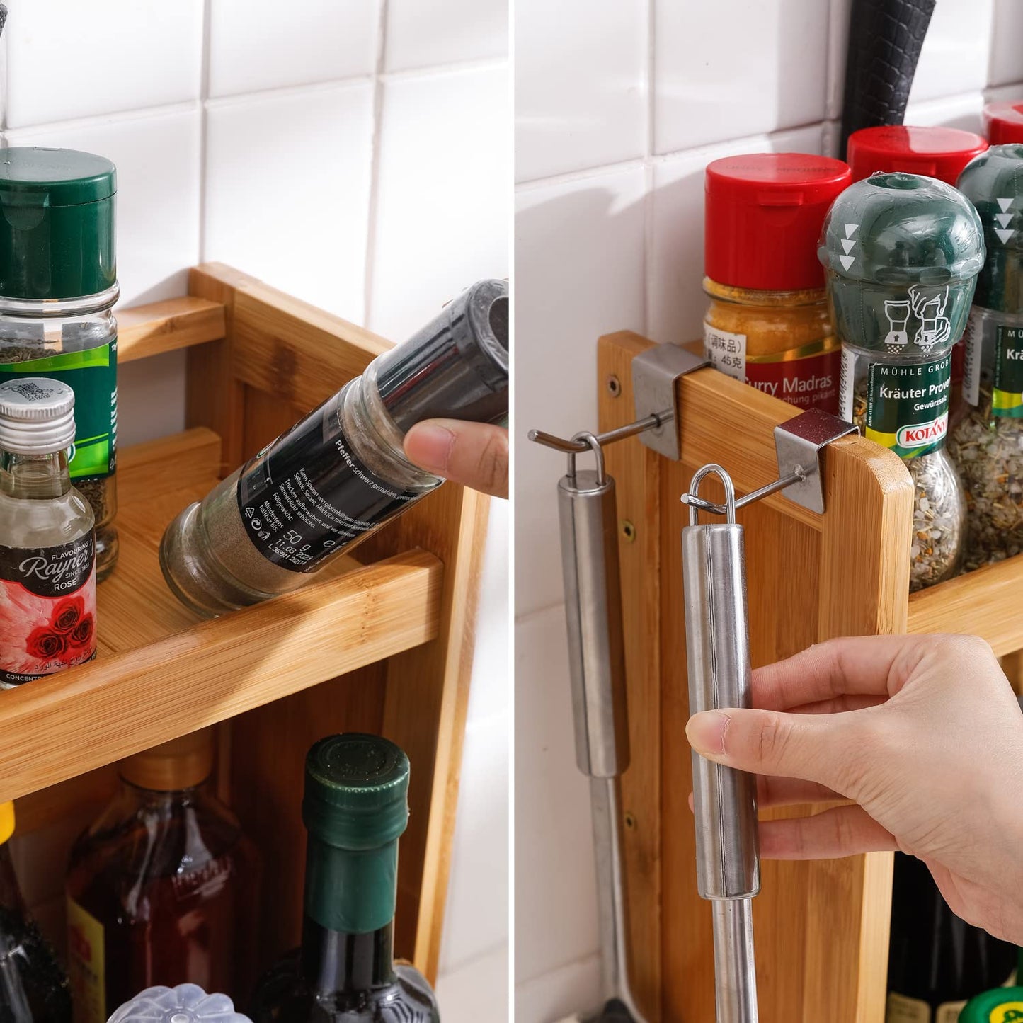 Bamboo 2 Tier Spice Rack Organizer For Kitchen Platform Countertop, Tabletop, Hanging Rack Storage Shelf Stand, Tiered Shelf