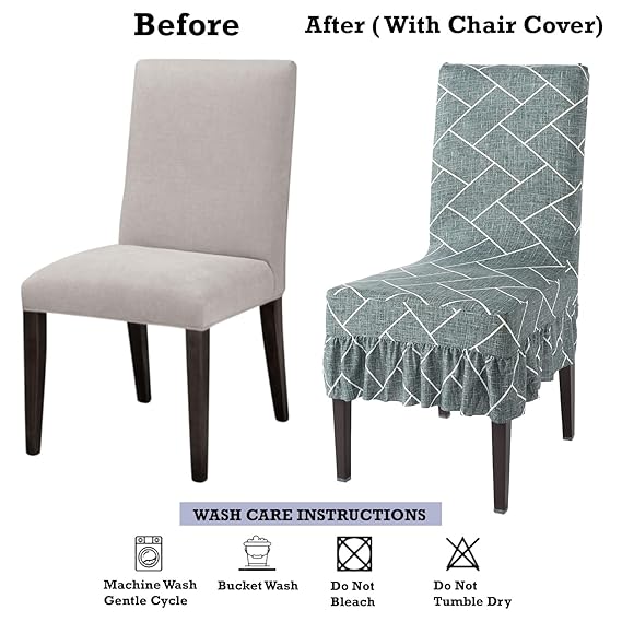Elastic Stretchable Dining Chair Cover with Frill, Green Vertical Chevron