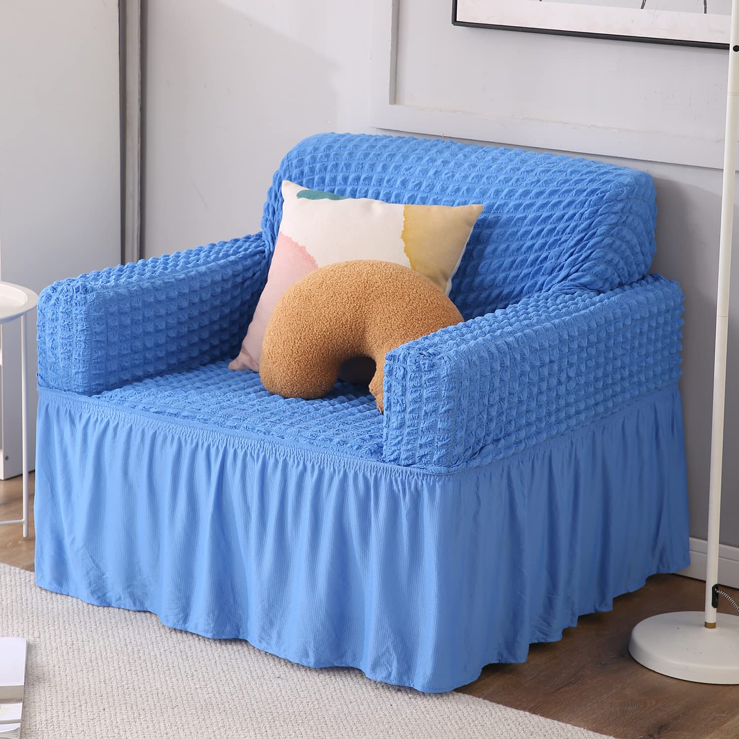 Sky Blue Stretchable Turkish Bubble Frill 1 seater sofa cover