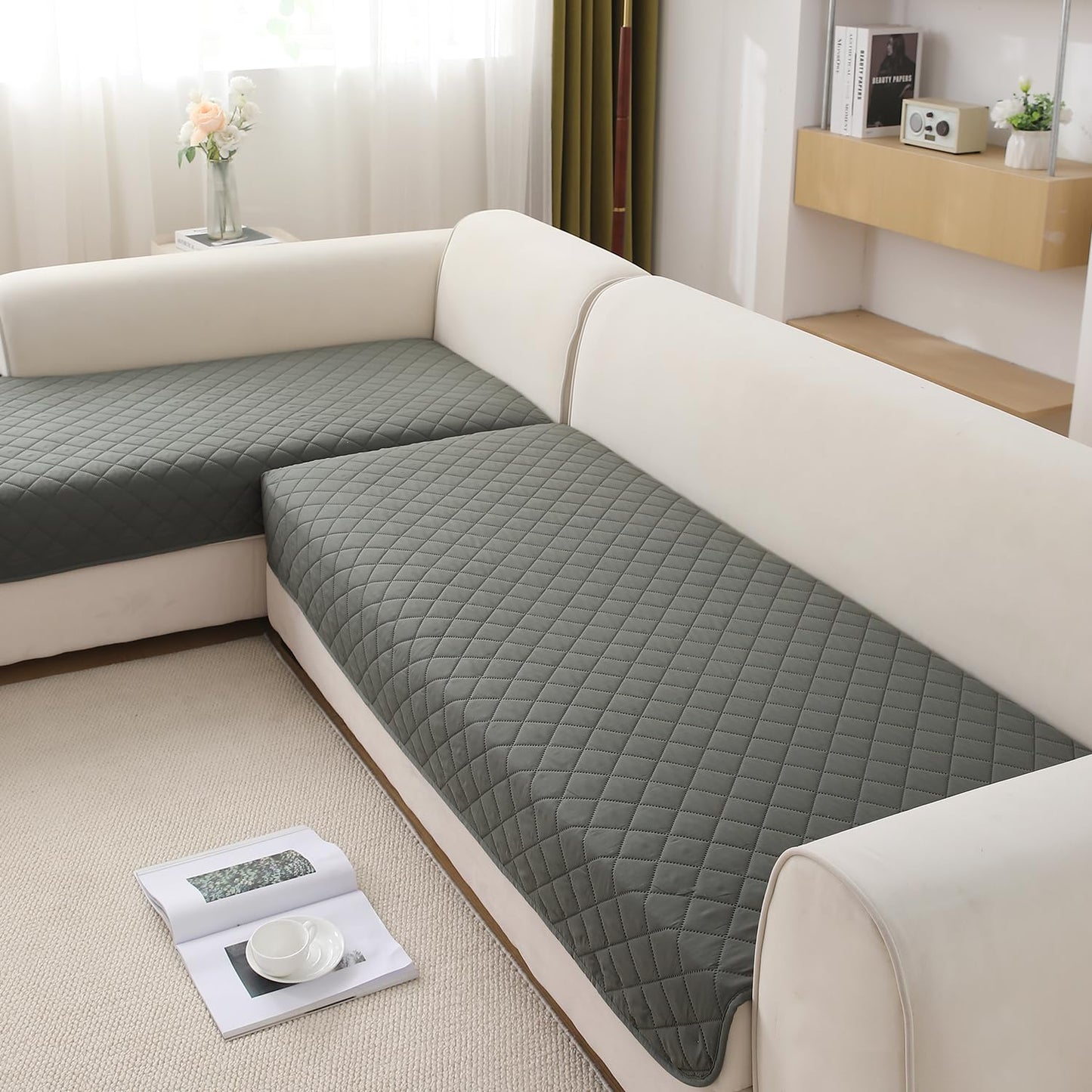 HOKIPO Waterproof Quilted Quick Dry L Shape Sofa Seat Cover Mat, Light Grey