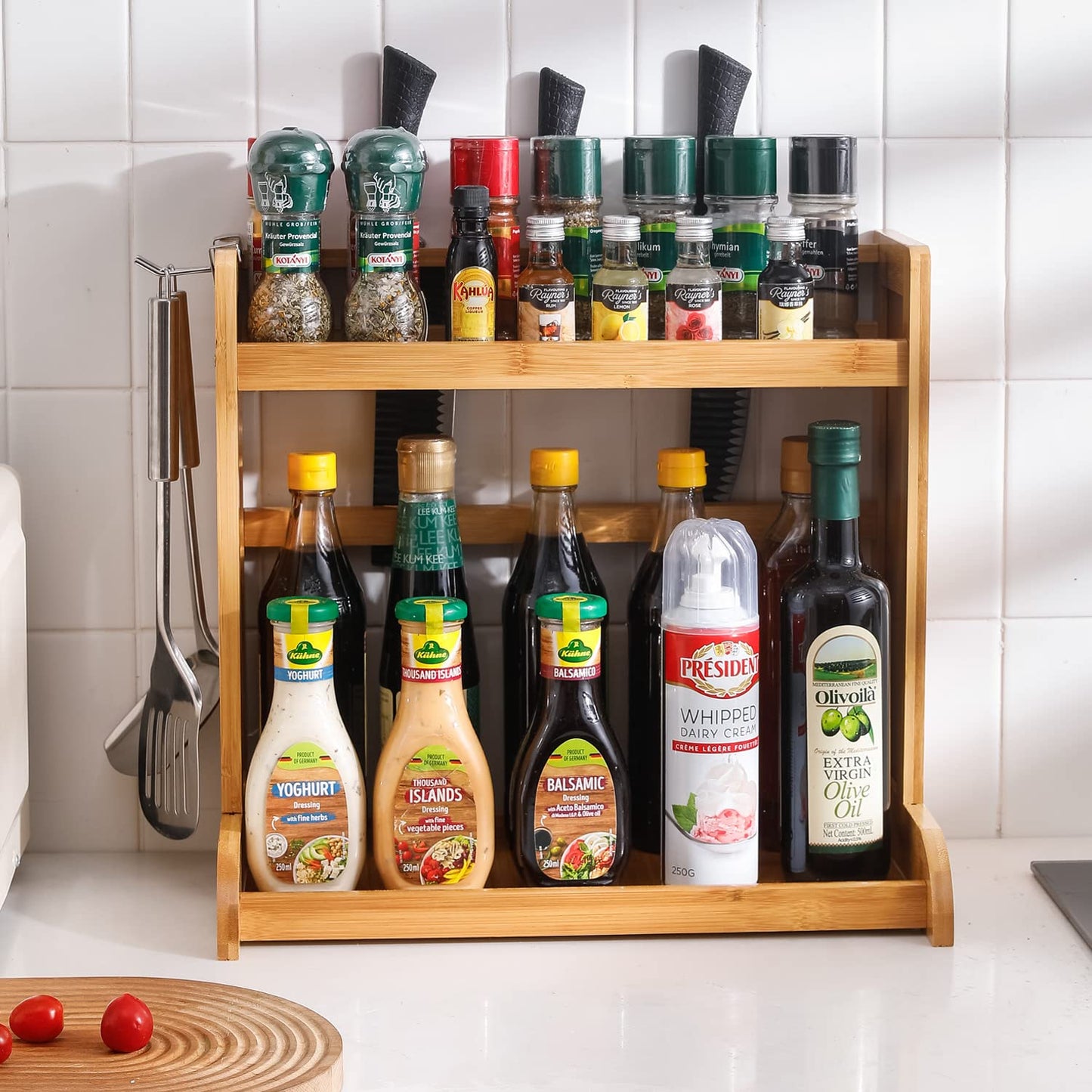 Bamboo 2 Tier Spice Rack Organizer For Kitchen Platform Countertop, Tabletop, Hanging Rack Storage Shelf Stand, Tiered Shelf