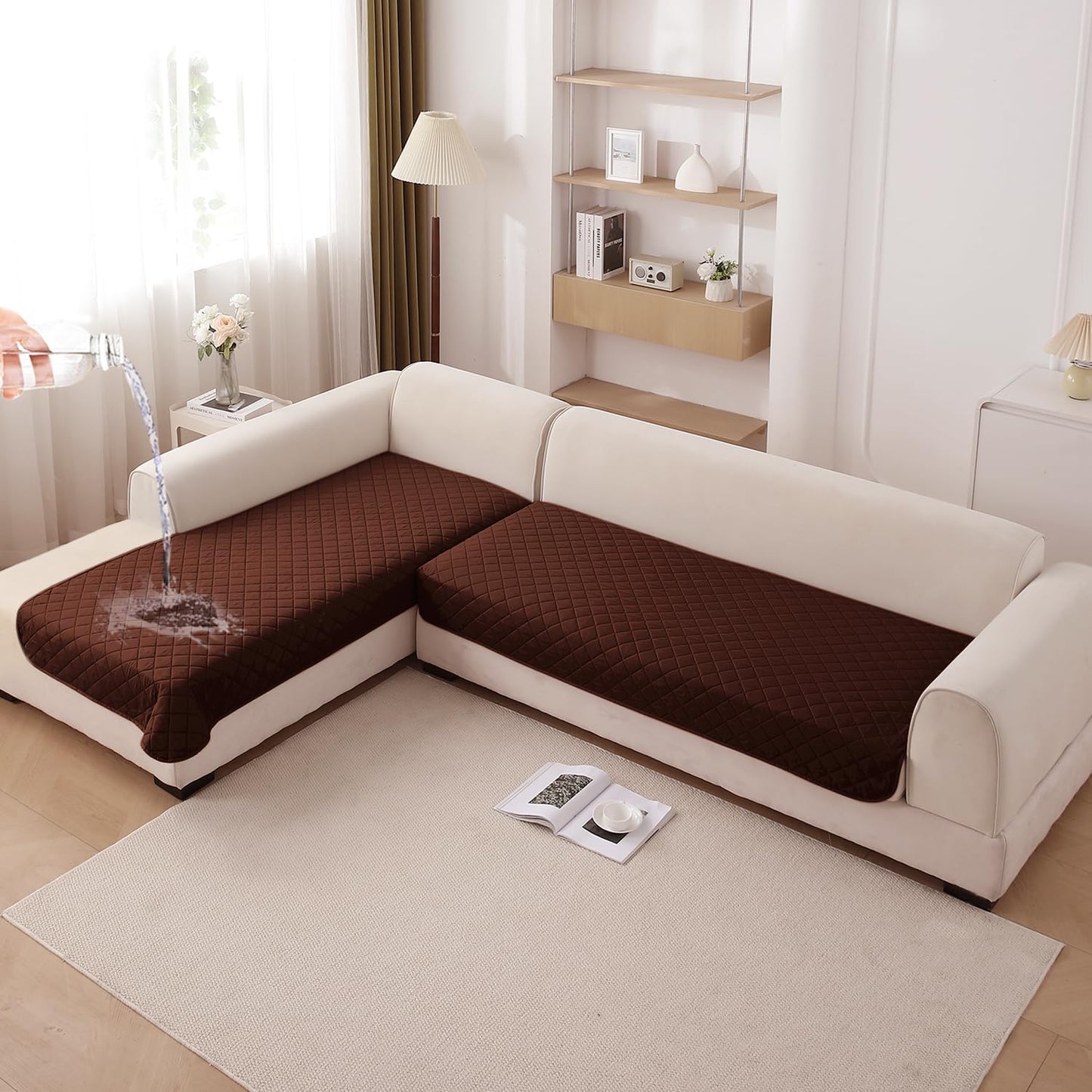 HOKIPO Waterproof Quilted Quick Dry L Shape Sofa Seat Cover Mat, Brown