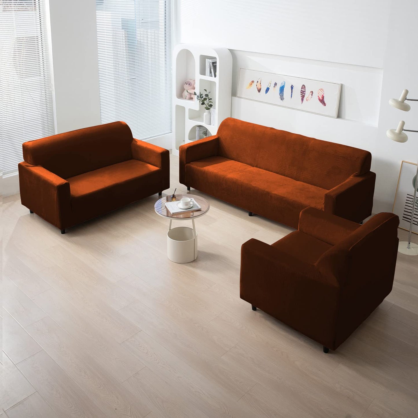 Rustic Brown premium elastic velvet sofa cover for 3+2+1 seater sofa set