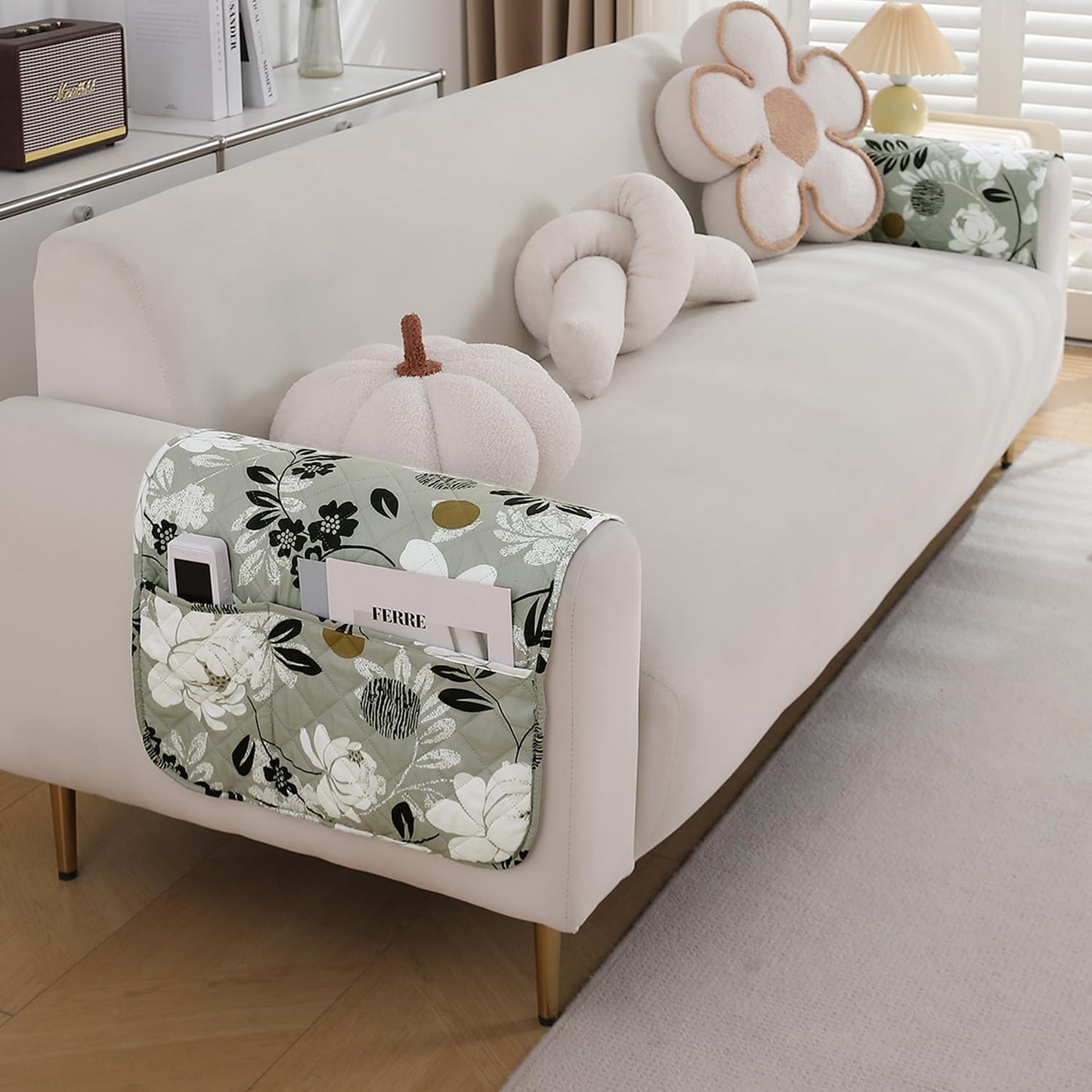 HOKIPO Water Repellent & Waterproof Sofa Armrest Covers with Pockets (Set of 2) - Feather Brown Floral