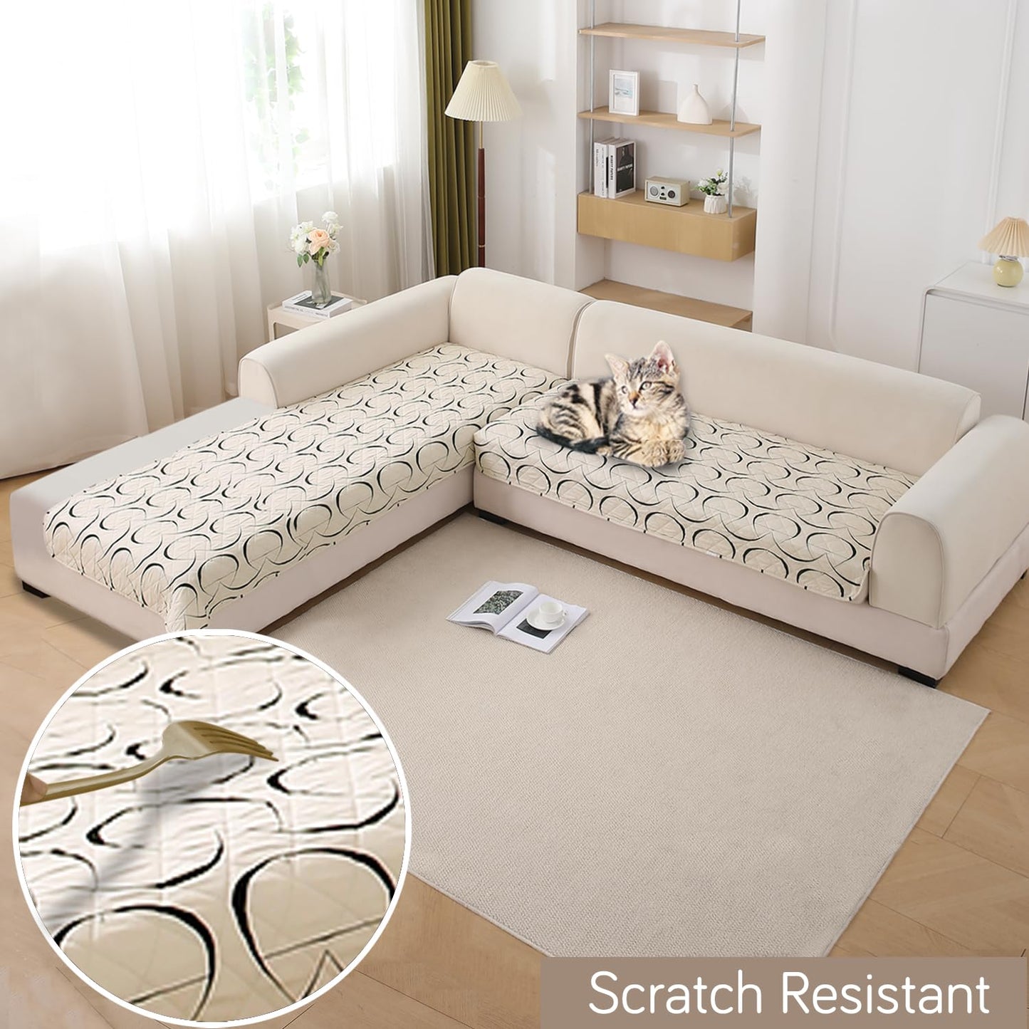 HOKIPO Waterproof Printed Quilted Quick Dry L Shape Sofa Seat Cover Mat, Natural Beige Abstract Art