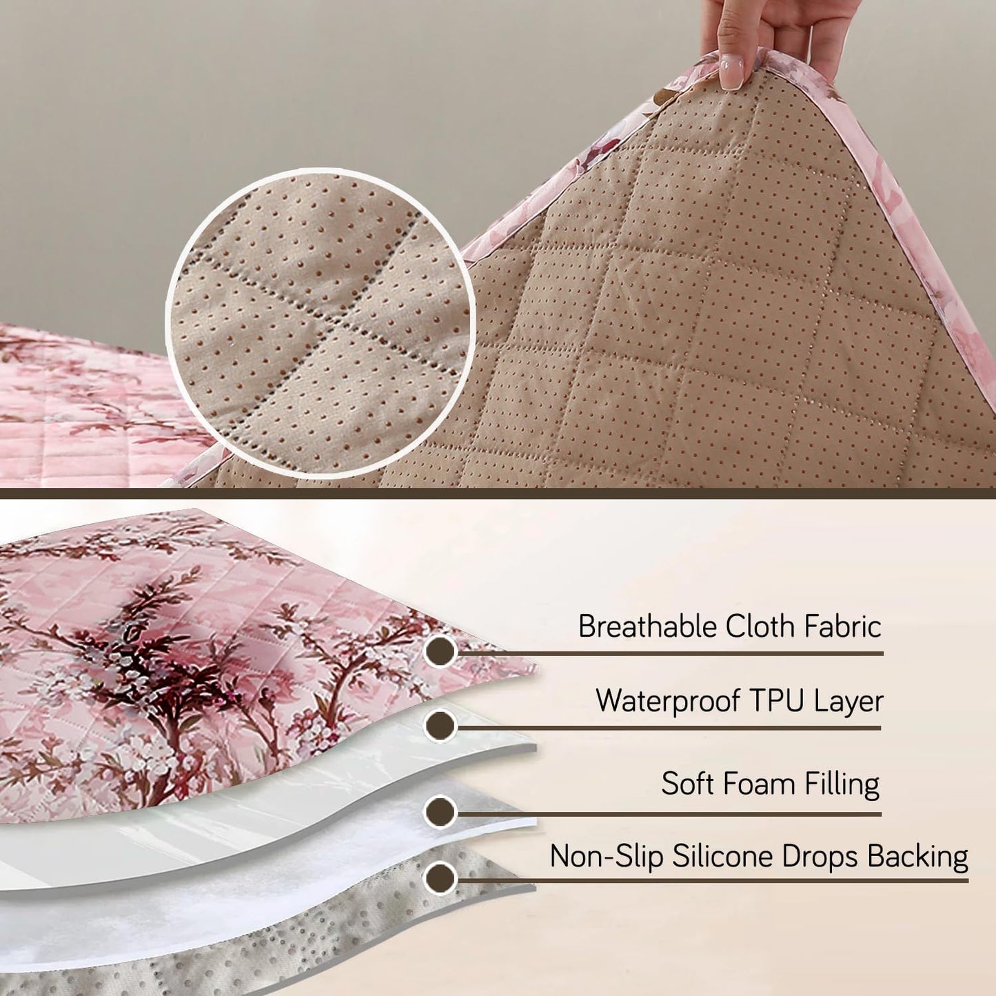 HOKIPO Quilted Waterproof Sofa Seat Mat with 2 Armrest Covers with Pockets, Blossom Flower Pink