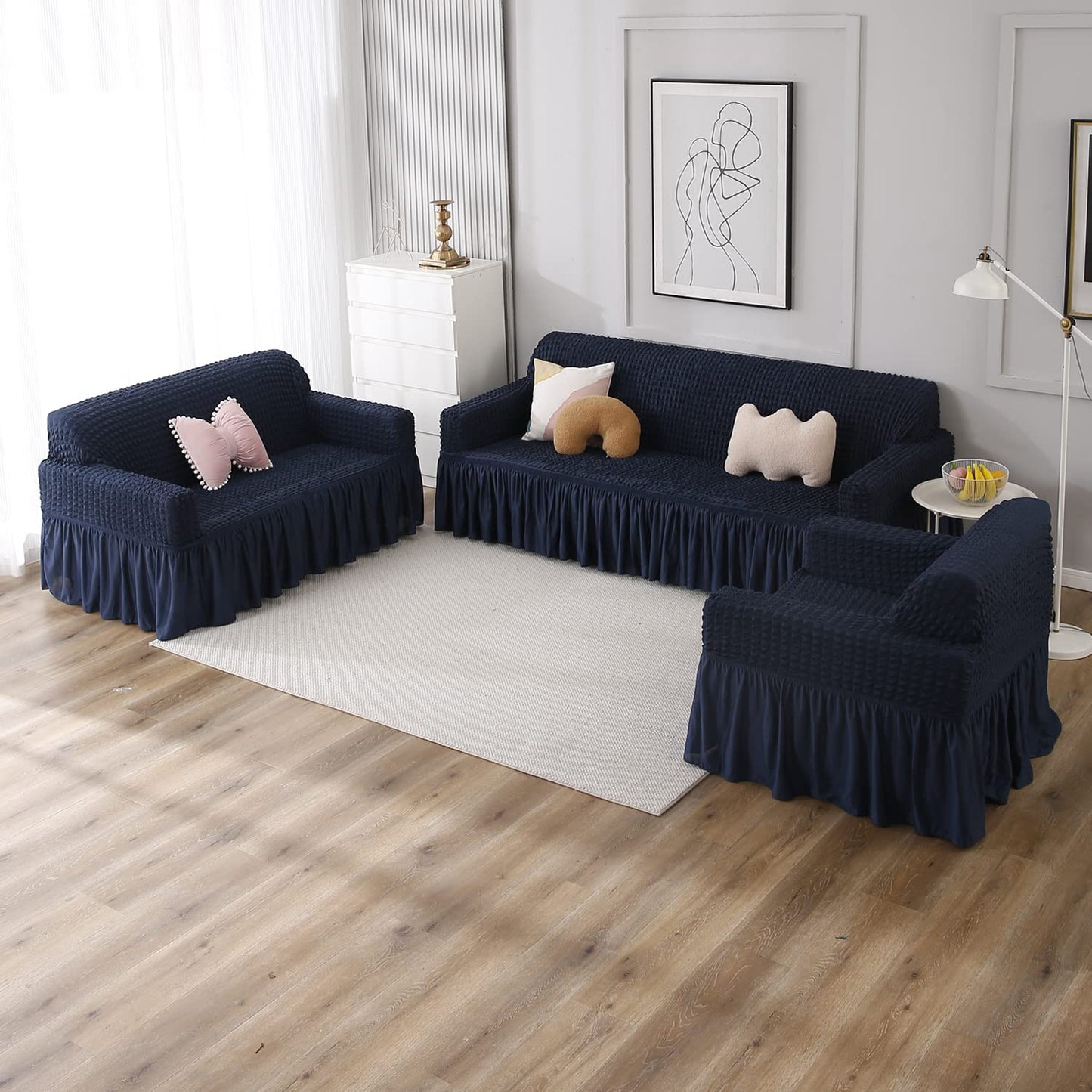 Navy Blue Elastic stretchable Turkish Bubble frill sofa cover set available for 1, 2, 3, 4, 5, 6 & 7 seater sofas