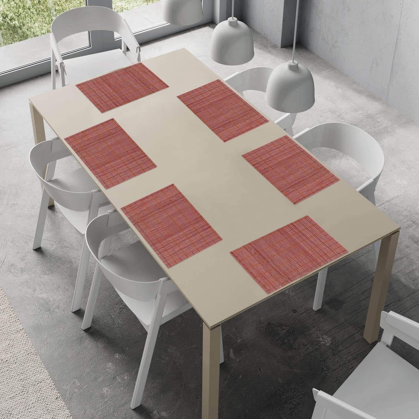 Reversible Bamboo Placemats for Dining Table Set of 6 Table Mats, 45x30 cm, Blush Red