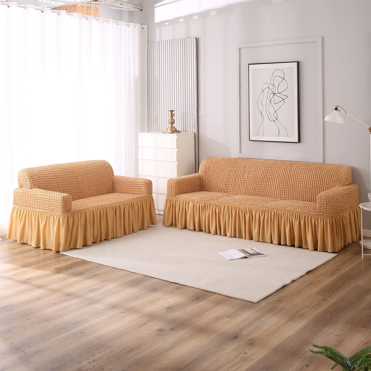 Light Brown Elastic stretchable Turkish Bubble frill sofa cover for 3 2 seater sofa
