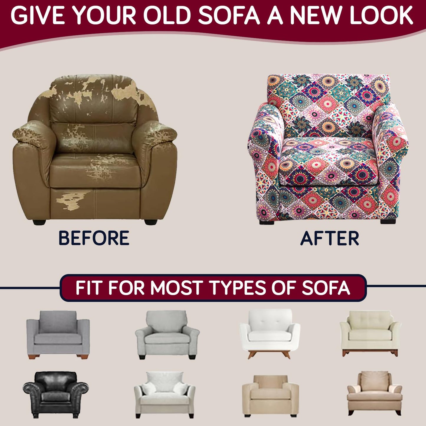 Printed Stretchable Sofa Slipcover with 1/2/3 Pc Separate Seat Cushion Cover for each 1/2/3 Seater, Spectrum Mosaic Magic
