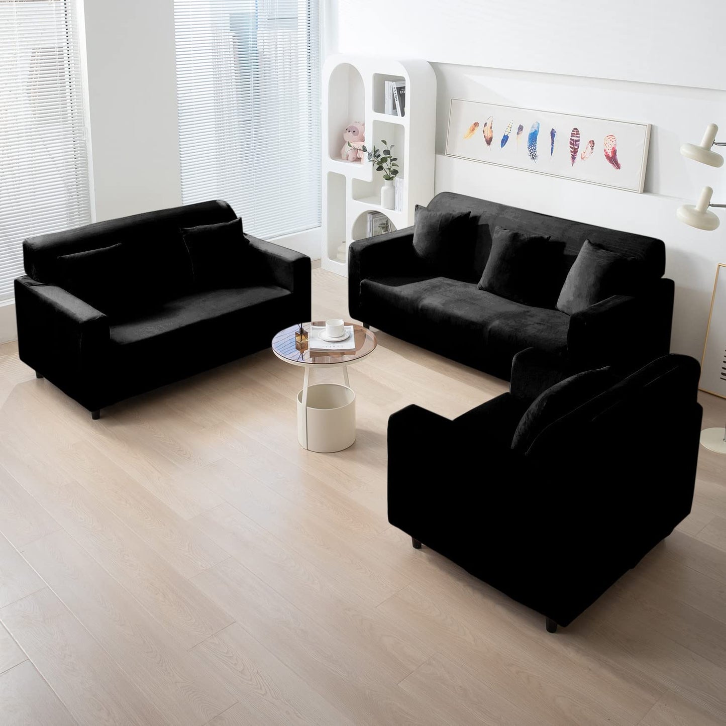 Black premium elastic velvet sofa cover for 3+2+1 seater sofa set
