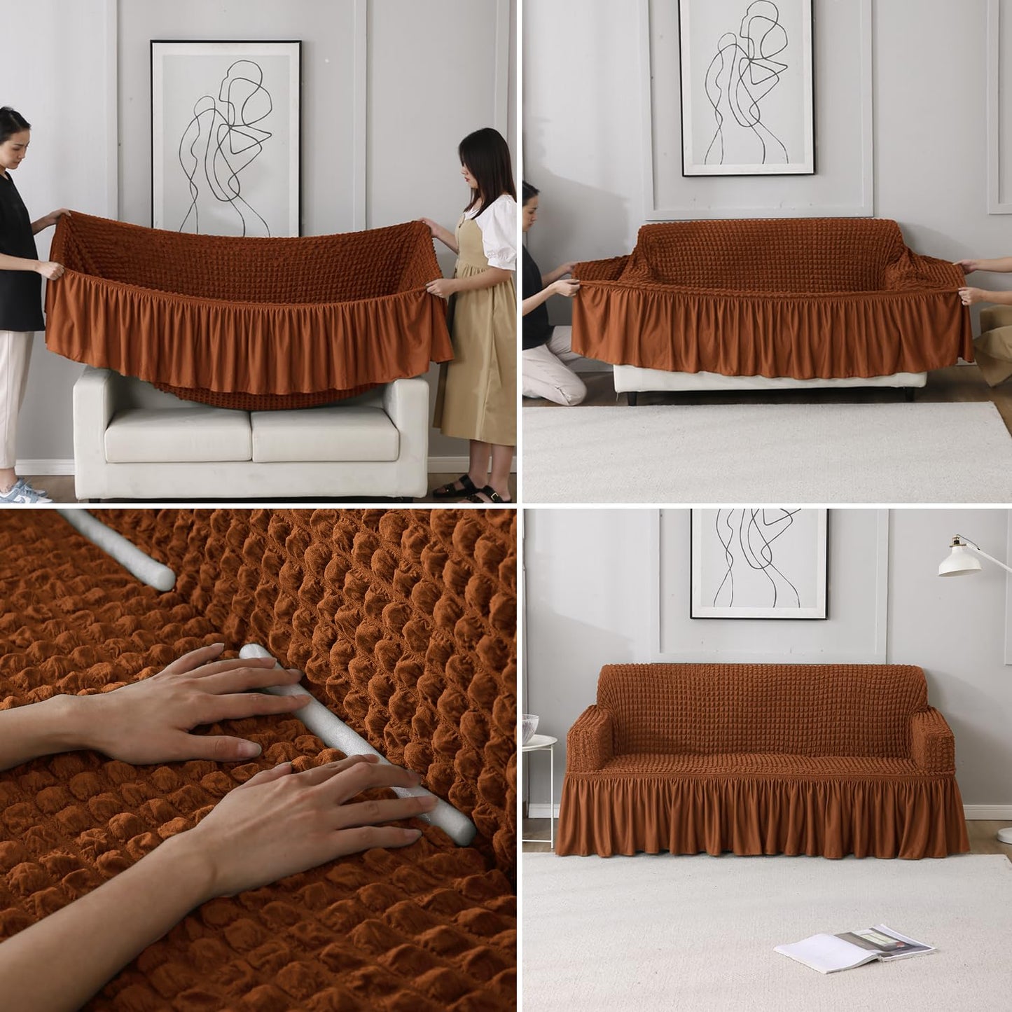 How to put Chocolate Brown stretchable Turkish Bubble frill sofa cover guide