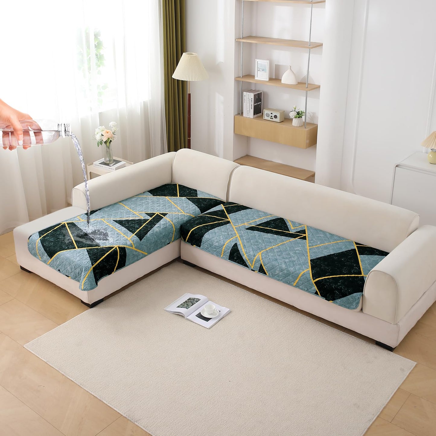 Waterproof Printed Quilted Quick Dry L Shape Sofa Seat Cover Mat, Multicolor Abstract Geometry