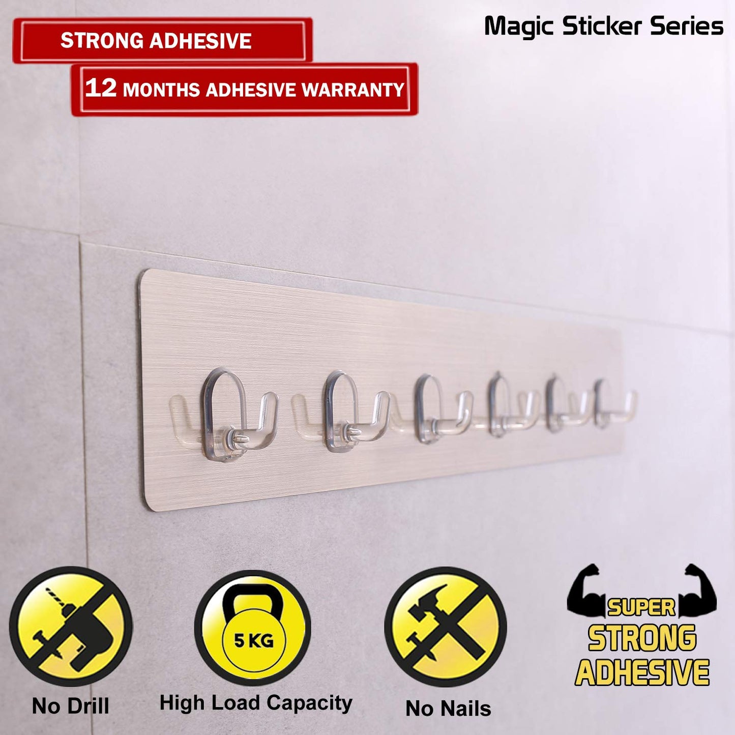 Magic Sticker Series Self Adhesive Bathroom Hook Rail, Hook for Kitchen, Wall Hooks for Hanging, Kitchen Hooks for Hanging Utensils, Key Holder White , Plastic