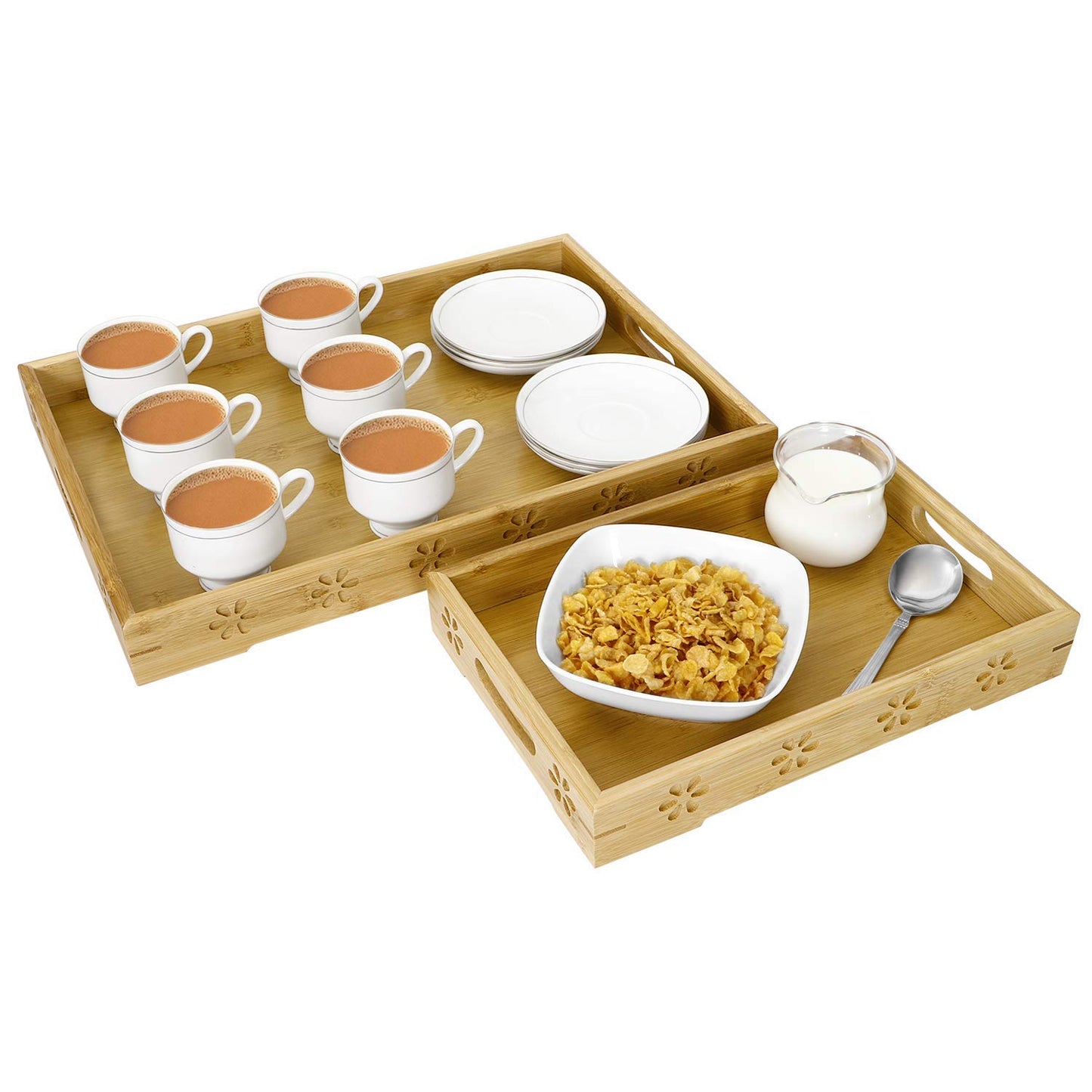 Wooden Bamboo Dining Kitchen Serving Tray with Handles, Set of 2