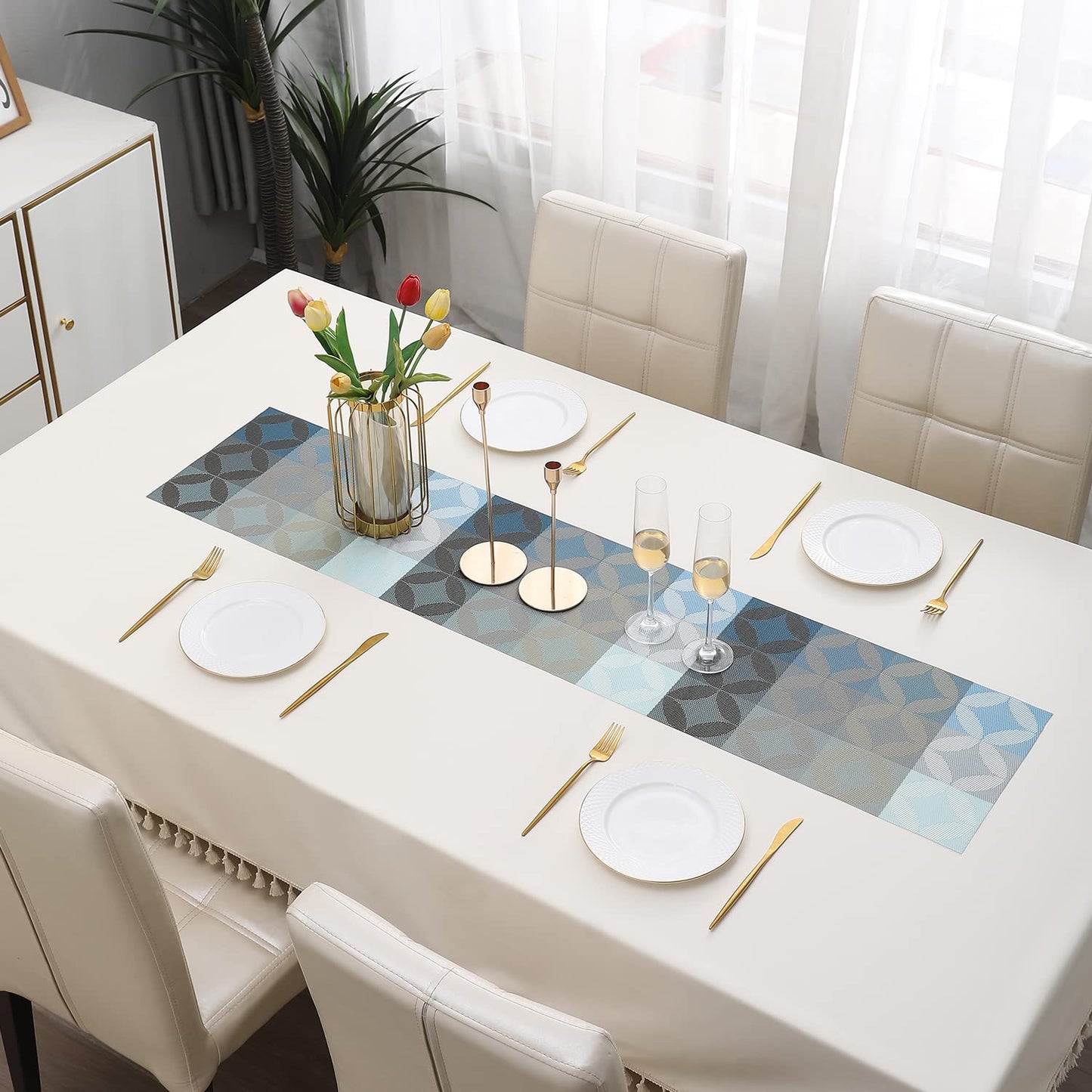 PVC Table Runner Dinner and Coffee Table, 30x135 cm, Geometric Blue