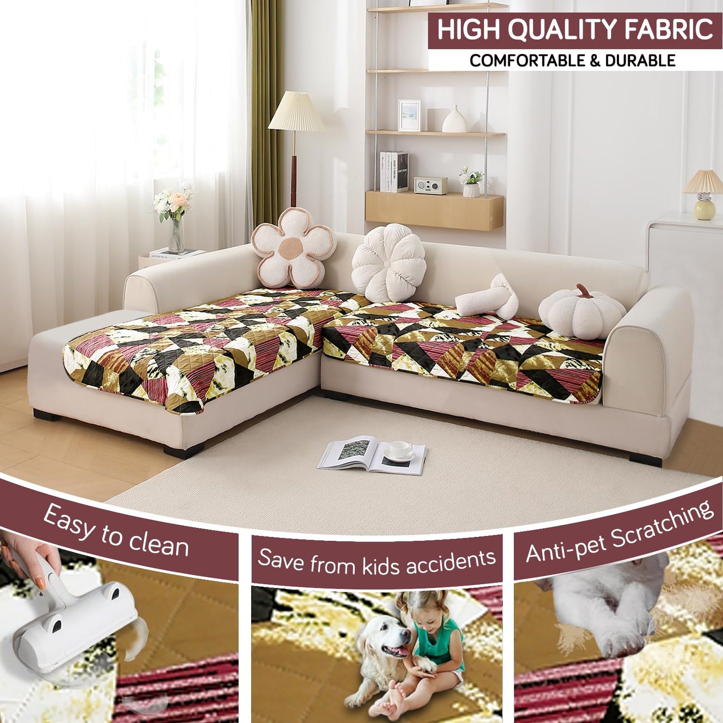 HOKIPO Waterproof Printed Quilted Quick Dry L Shape Sofa Seat Cover Mat, Wine Abstract Geometry