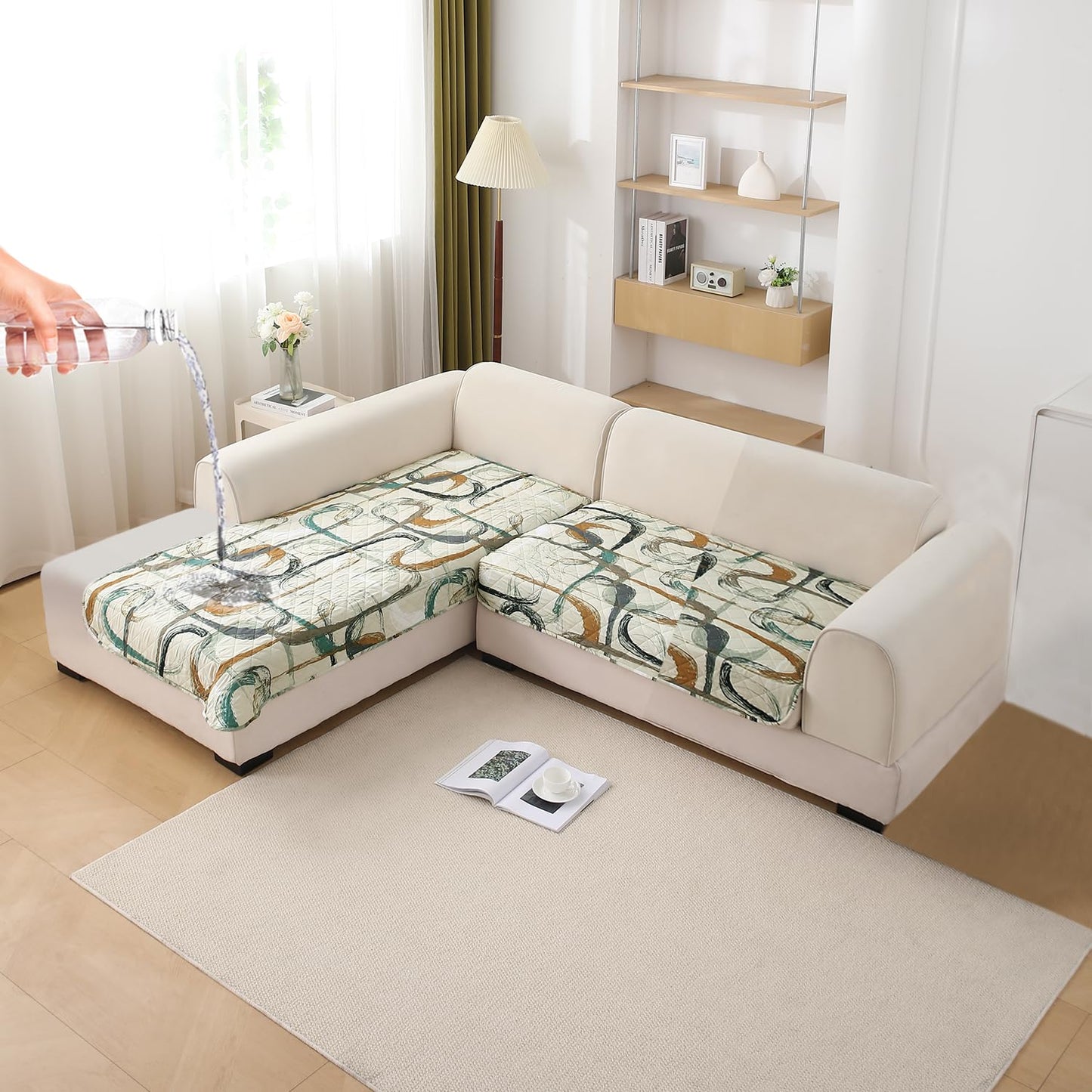 Waterproof Printed Quilted Quick Dry L Shape Sofa Seat Cover Mat, Parchement Beige Abstract Art