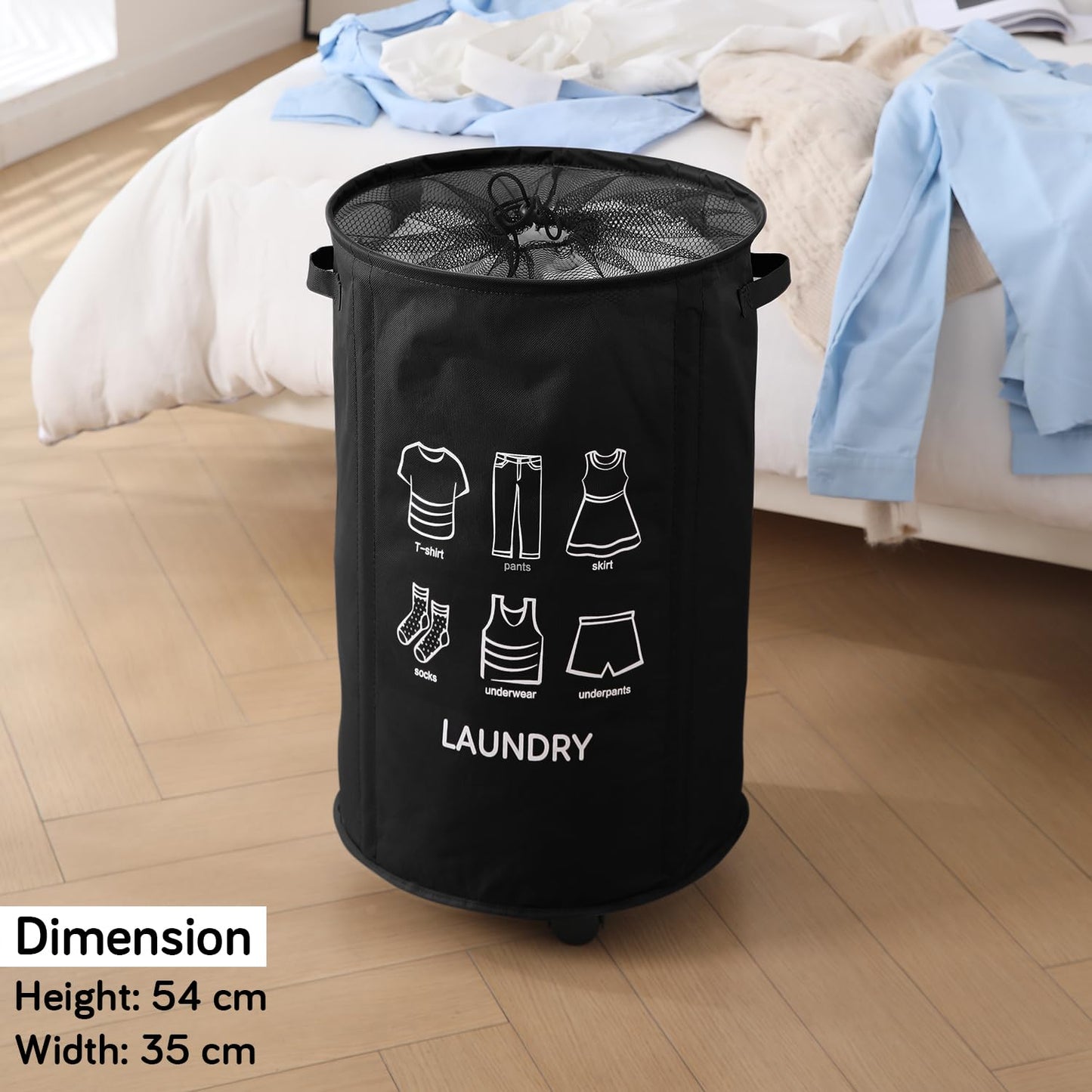 Laundry Basket Foldable Hamper With Wheels, Black