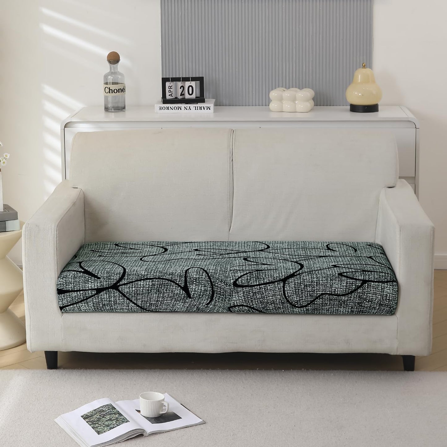 140 GSM Stretchable Printed Elastic Sofa Cushion Seat Cover for 1 /2 /3 Seaters / Pieces for Sofa, Intense Grey Abstract Floral