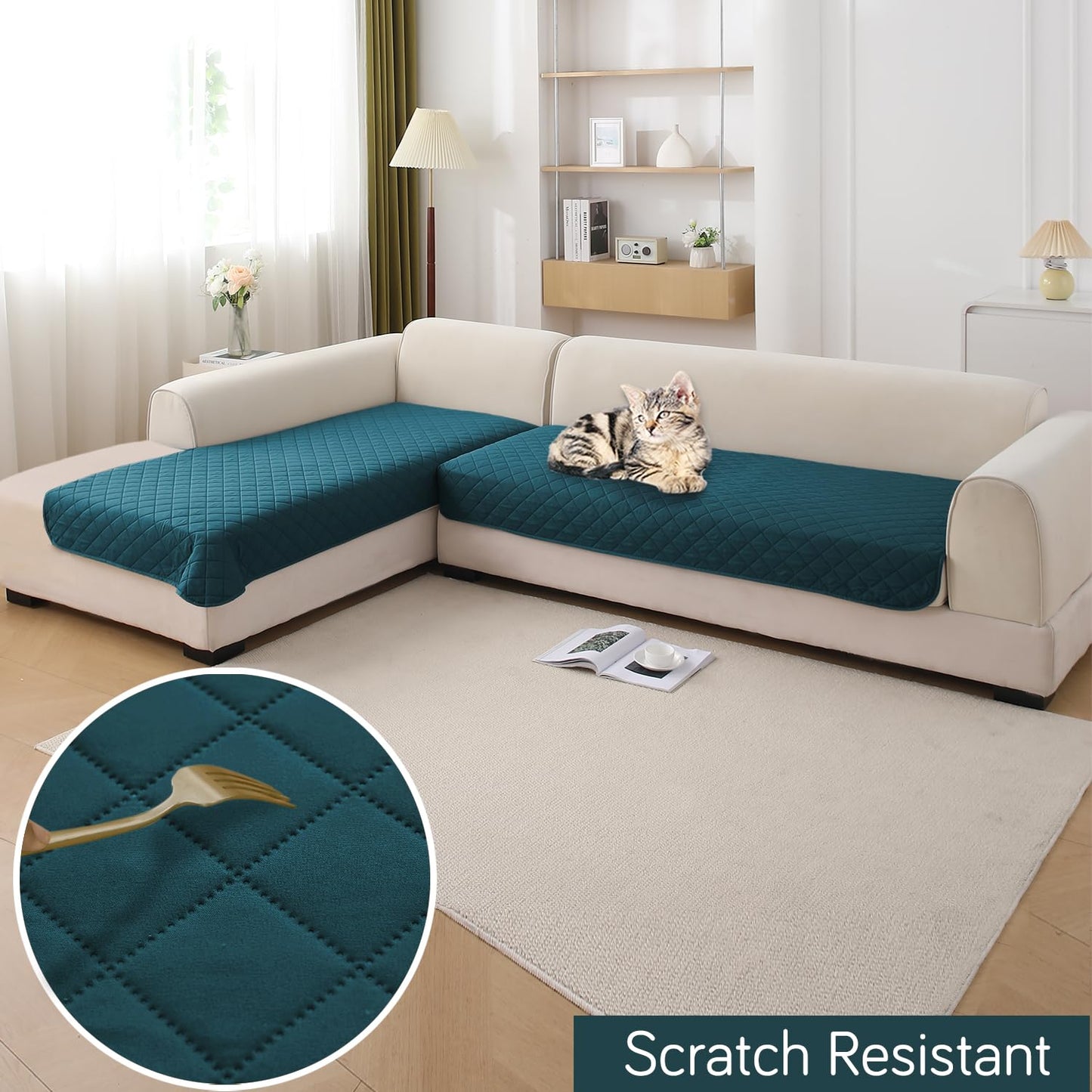 HOKIPO Waterproof Quilted Quick Dry L Shape Sofa Seat Cover Mat, Peacock Blue