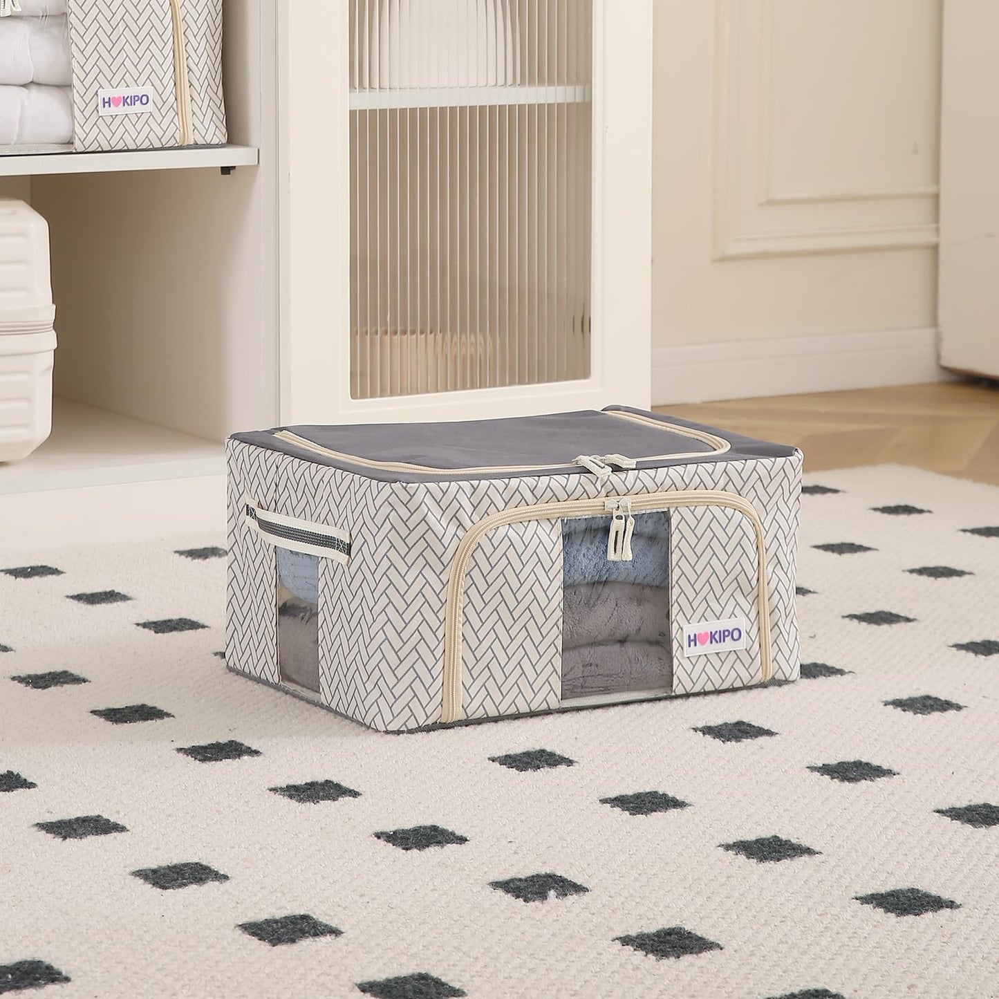 Wardrobe Organizer Storage Box | Foldable Cloth Storage Boxes with Metal Frame & Window | 600D Oxford Fabric, Cream Mist