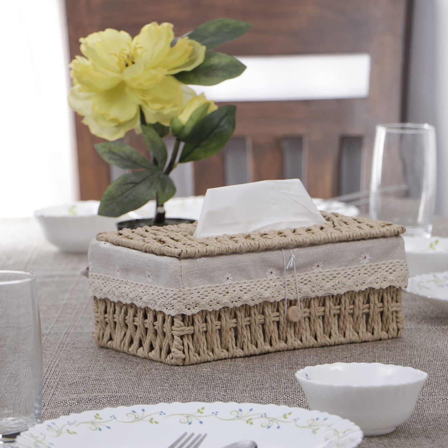 Buy beige handwoven eco-friendly tissue box | HOKIPO