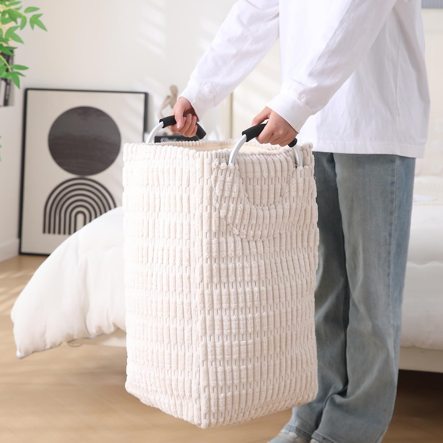 Folding Laundry Bag for Clothes Hamper Basket, Collapsible Storage Basket, Cream