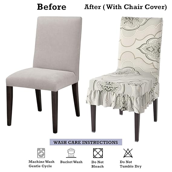 Elastic Stretchable Dining Chair Cover with Frill, Ivory Moroccan Floral
