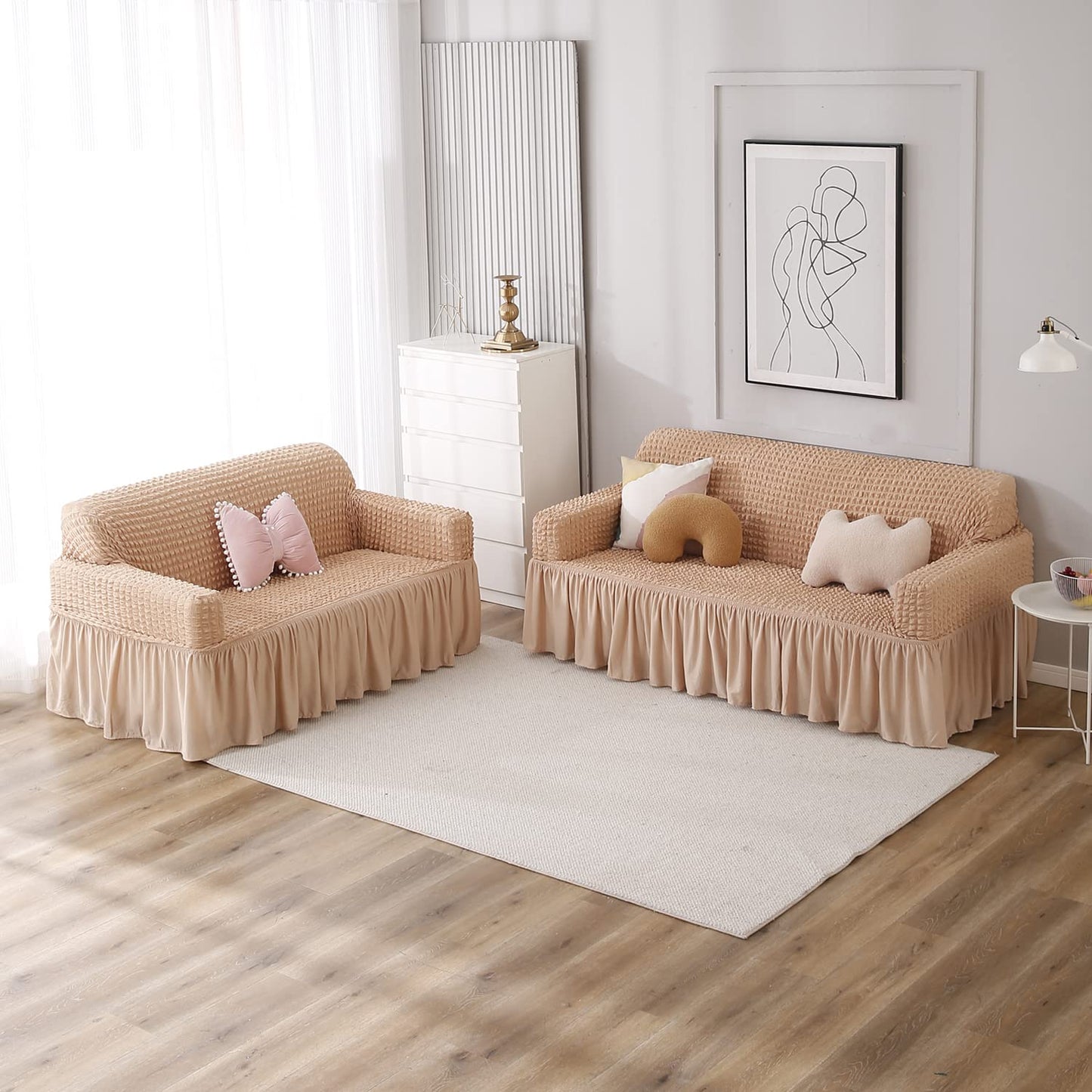 Beige Elastic stretchable Turkish Bubble frill sofa cover for 3 2 seater sofa