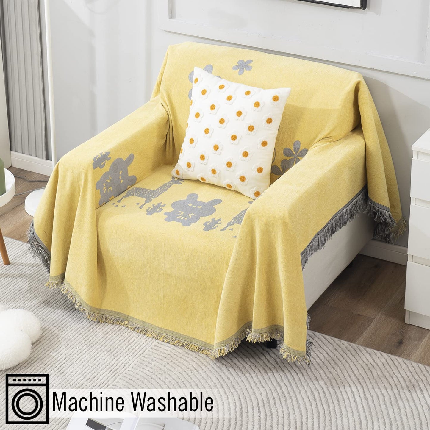 Yellow Nature Chenille Sofa Throw Blanket | 1/2/3 Seater Couch Throw