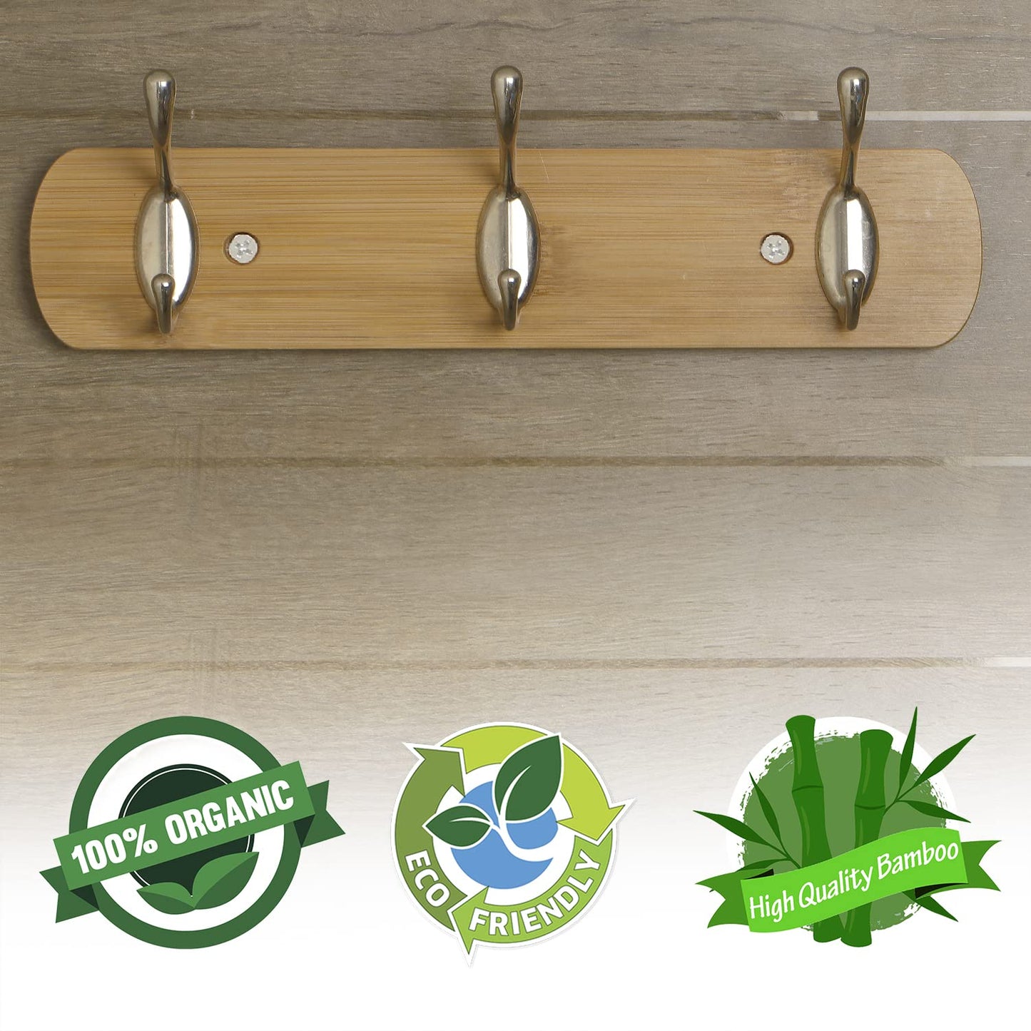 Bamboo Wooden Wall Mounted Hook Rail for Hanging Clothes - 3/4/5 Hooks Rail