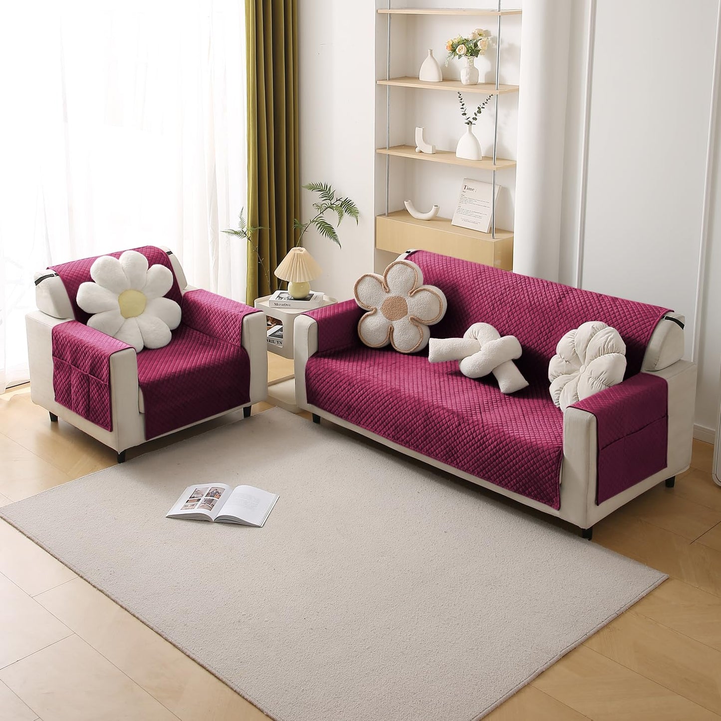Quilted Velvet Sofa Cover Mat with Side Pockets, Pet Friendly, Wine