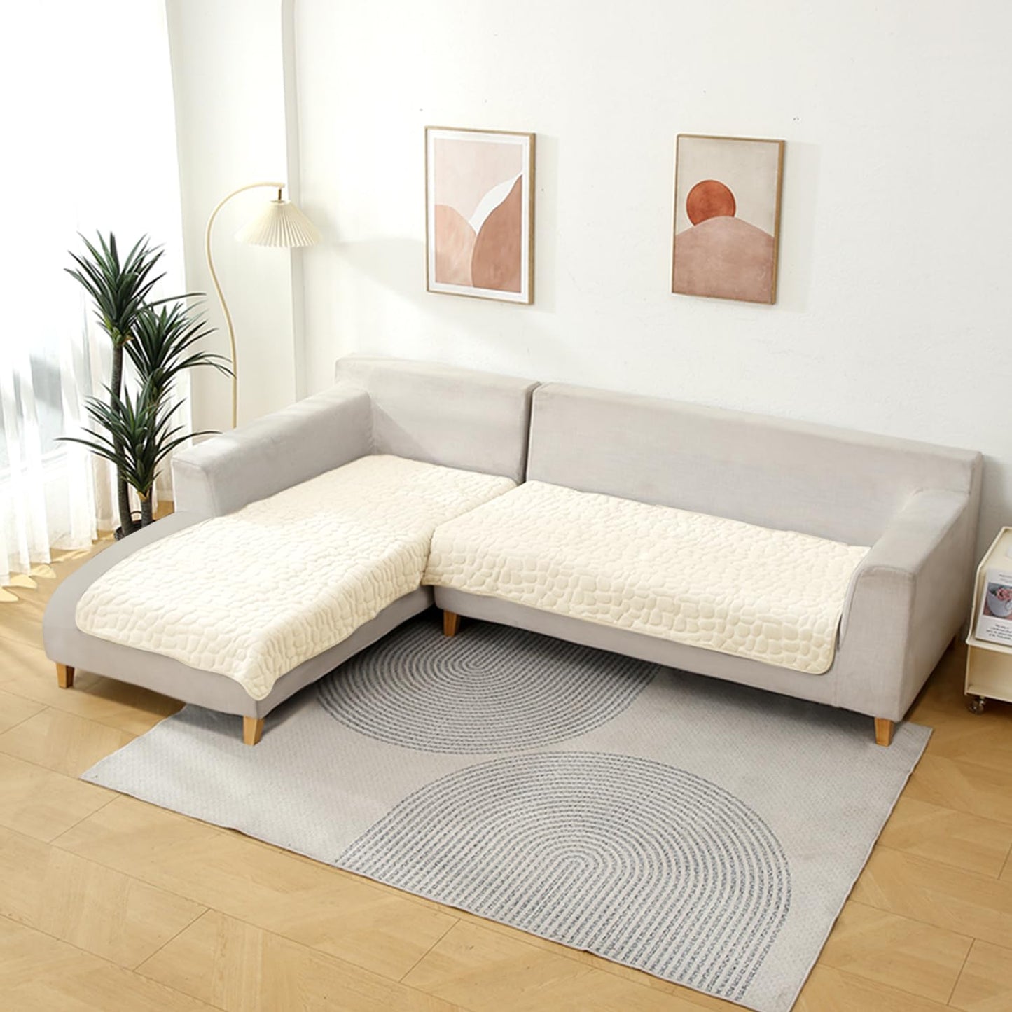HOKIPO Premium Pebble Milk Velvet L Shape Sofa Cover Mat, Bliss White
