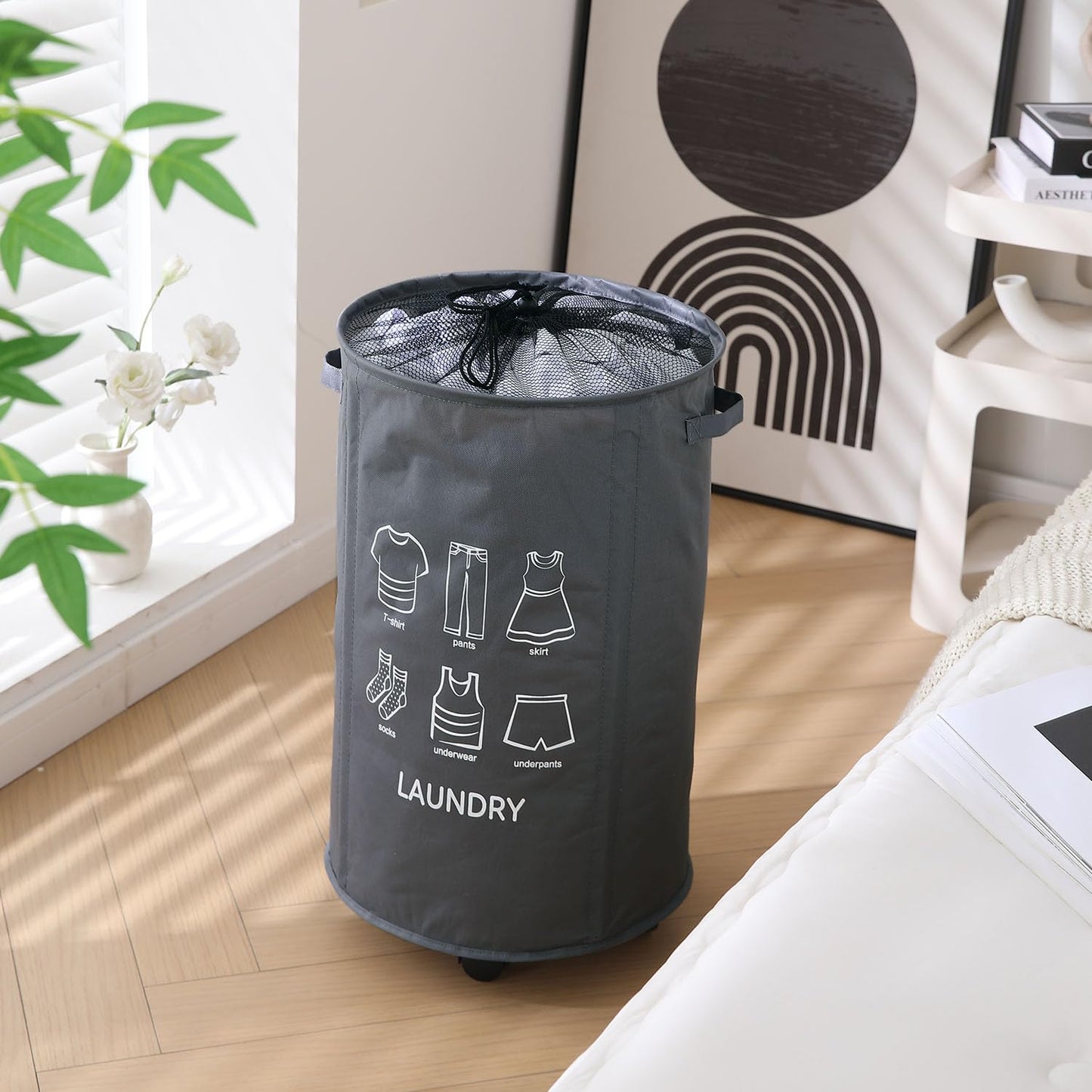 Laundry Basket Foldable Hamper With Wheels, Grey