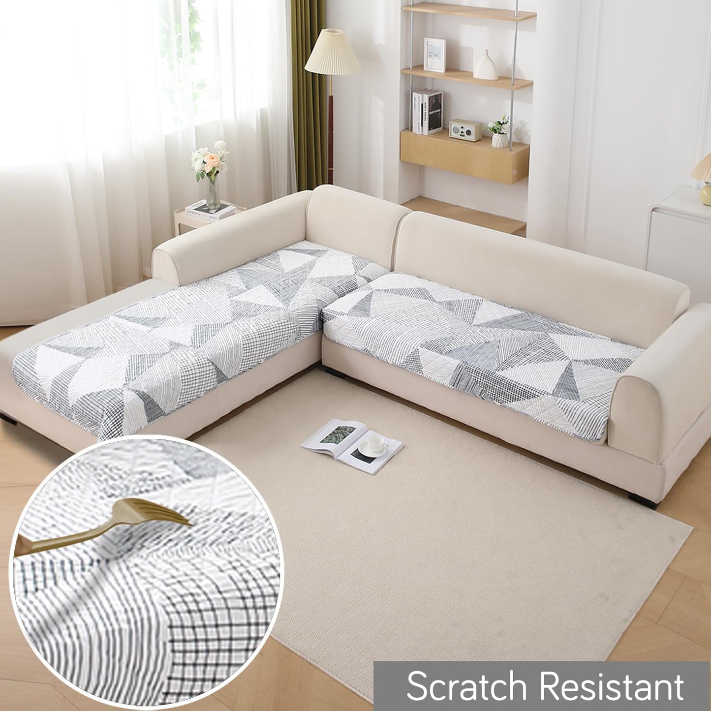 Waterproof Printed Quilted Quick Dry L Shape Sofa Seat Cover Mat, Snow White Black Geometry