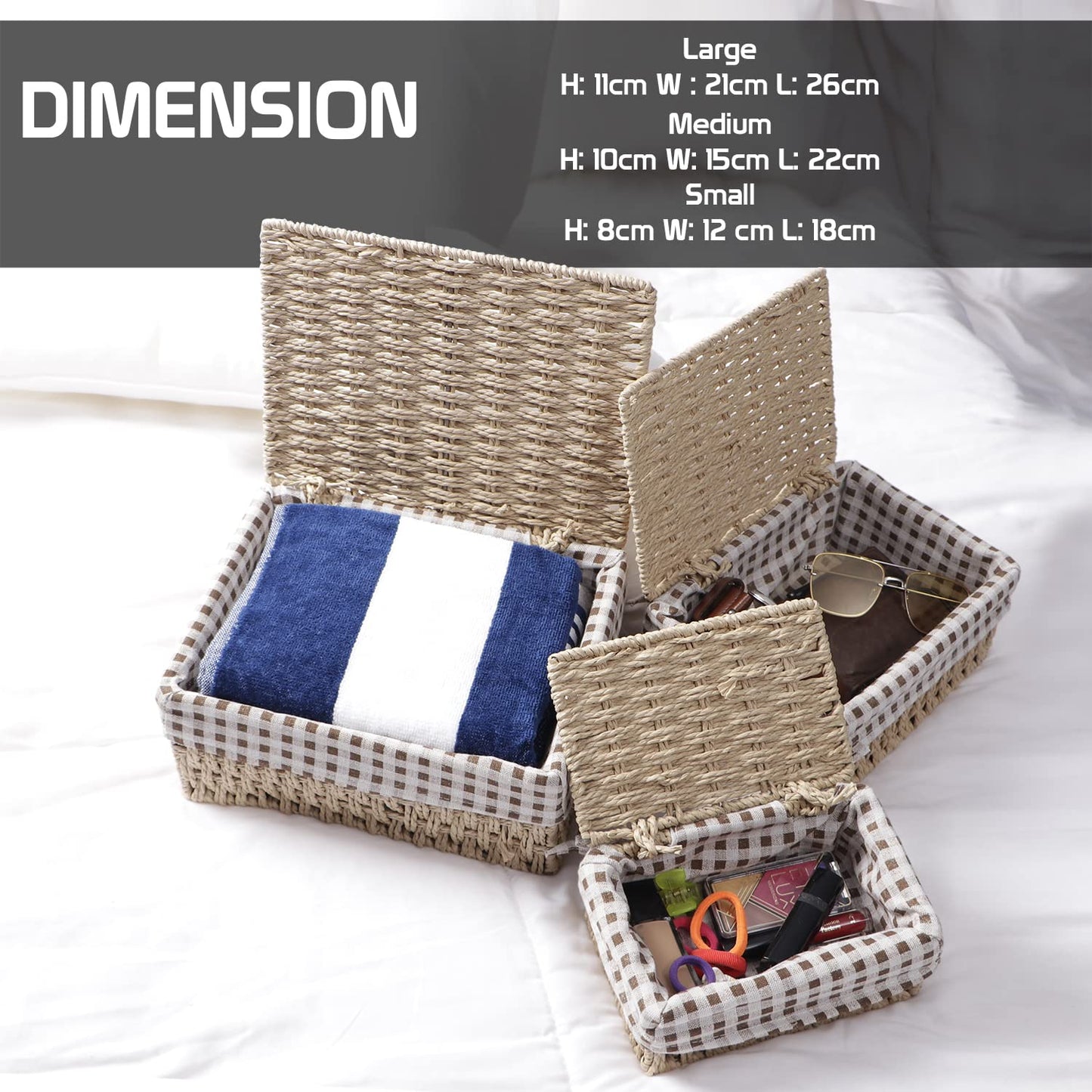 Environmental Friendly Paper Rope Wicker Storage Baskets with lid, Pack of 3, Beige