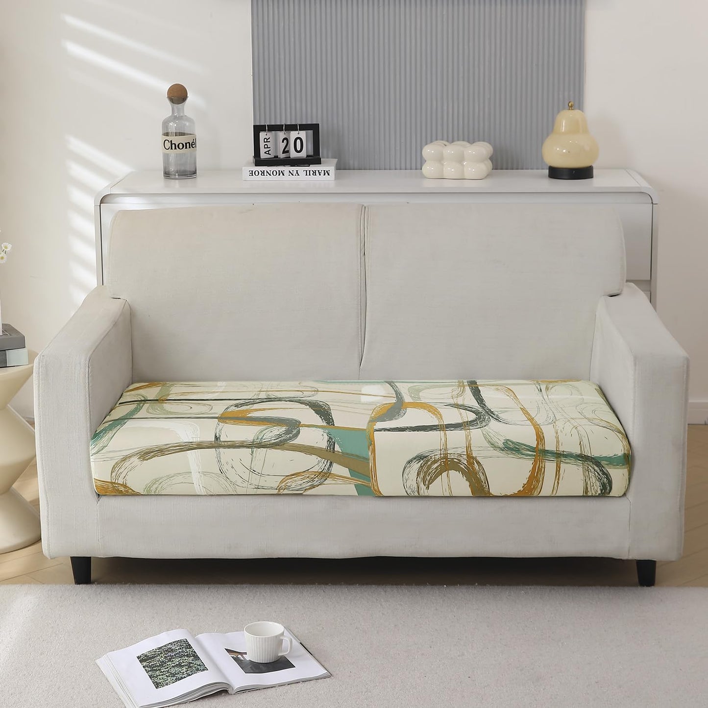 140 GSM Stretchable Printed Elastic Sofa Cushion Seat Cover for 1 /2 /3 Seaters / Pieces for Sofa, Parchement Beige Abstract Art