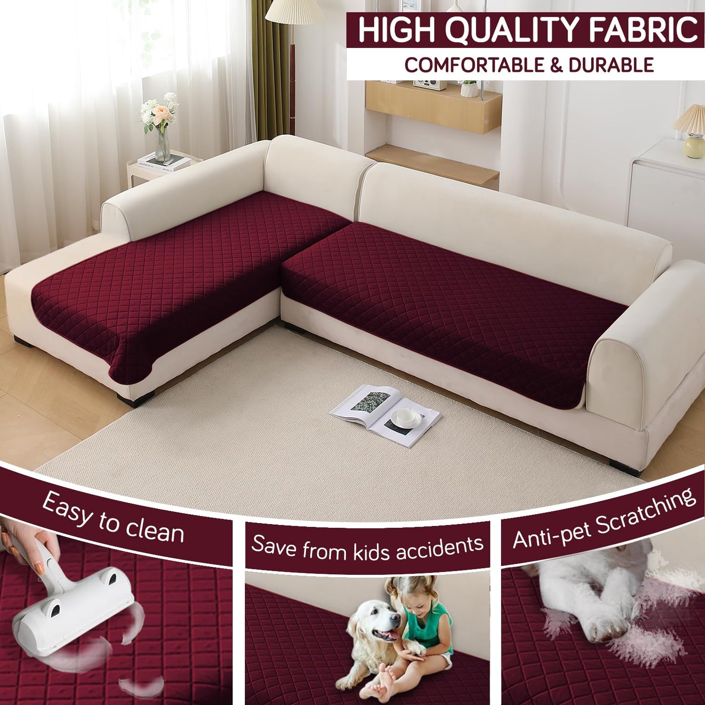 HOKIPO Waterproof Quilted Quick Dry L Shape Sofa Seat Cover Mat, Burgundy