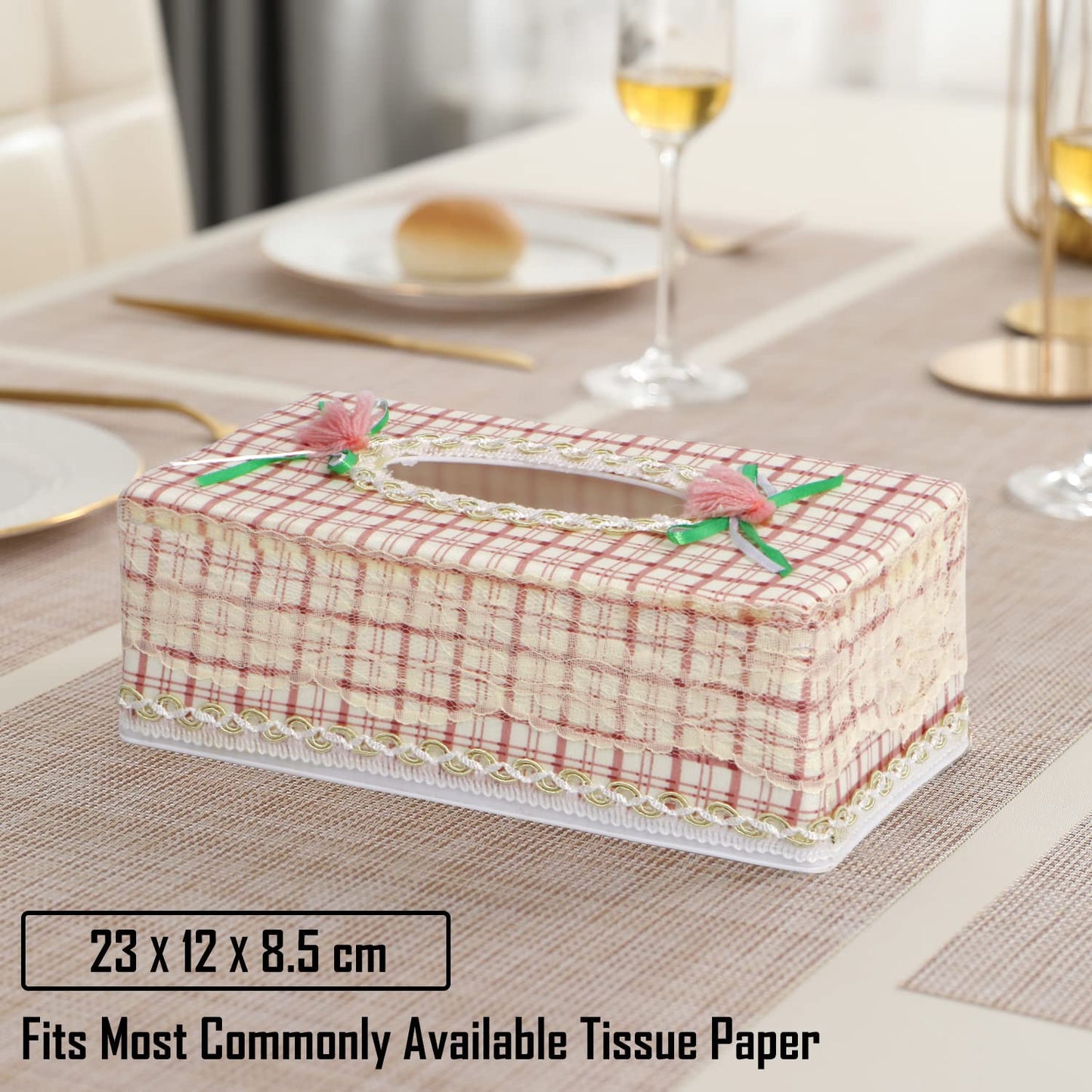 Plastic Tissue Paper Holder, Checkered Beige