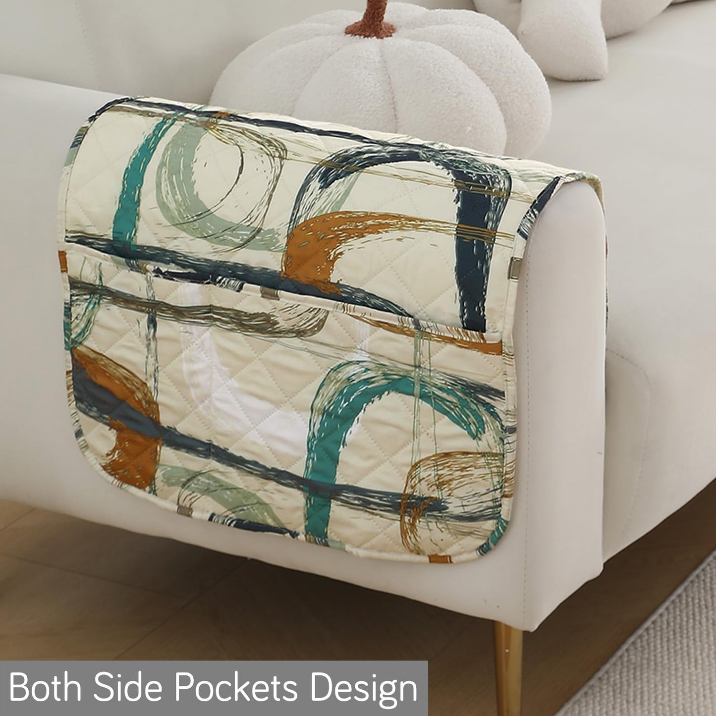 Water Repellent & Waterproof Sofa Armrest Covers with Pockets (Set of 2) - Parchement Beige Abstract Art