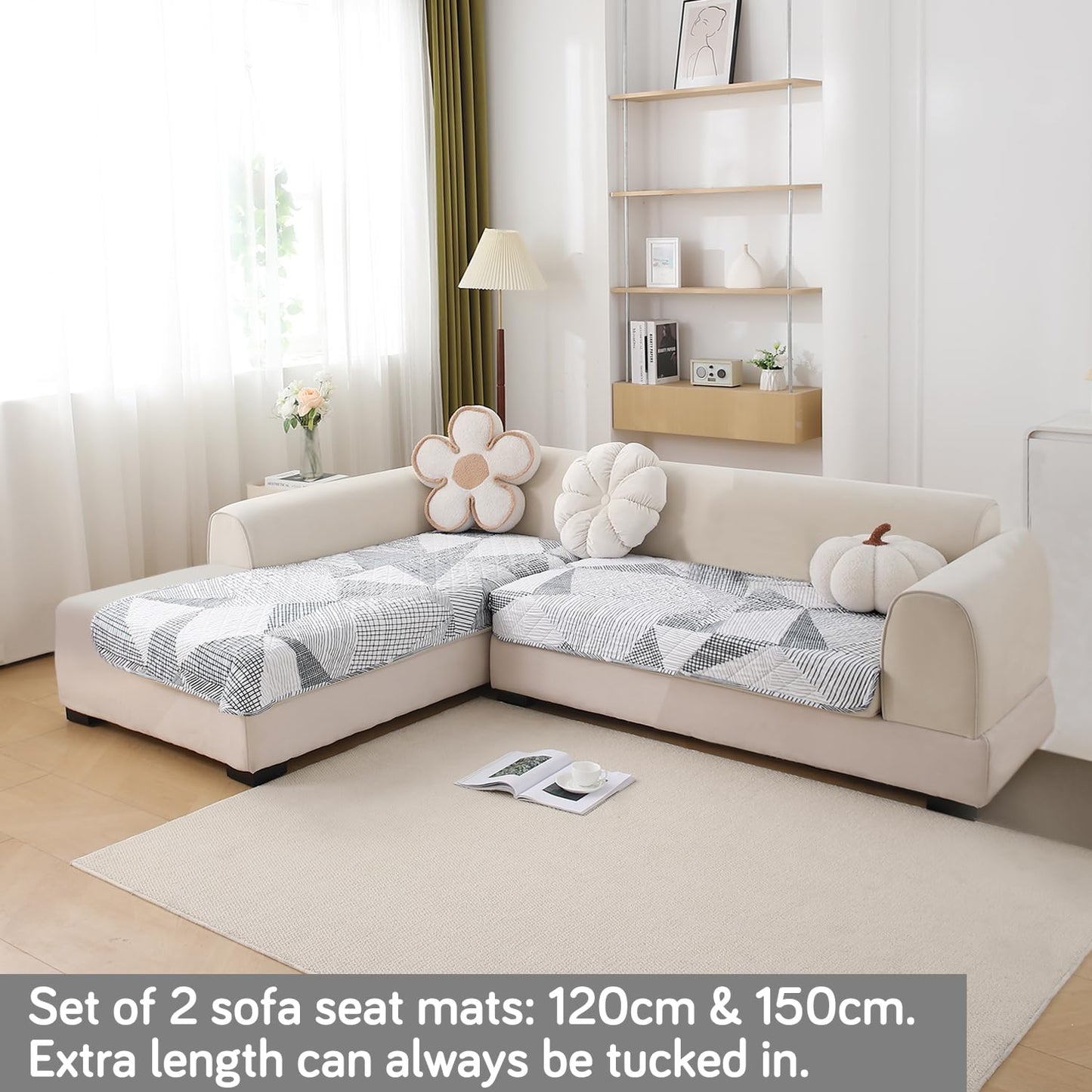 Waterproof Printed Quilted Quick Dry L Shape Sofa Seat Cover Mat, Snow White Black Geometry