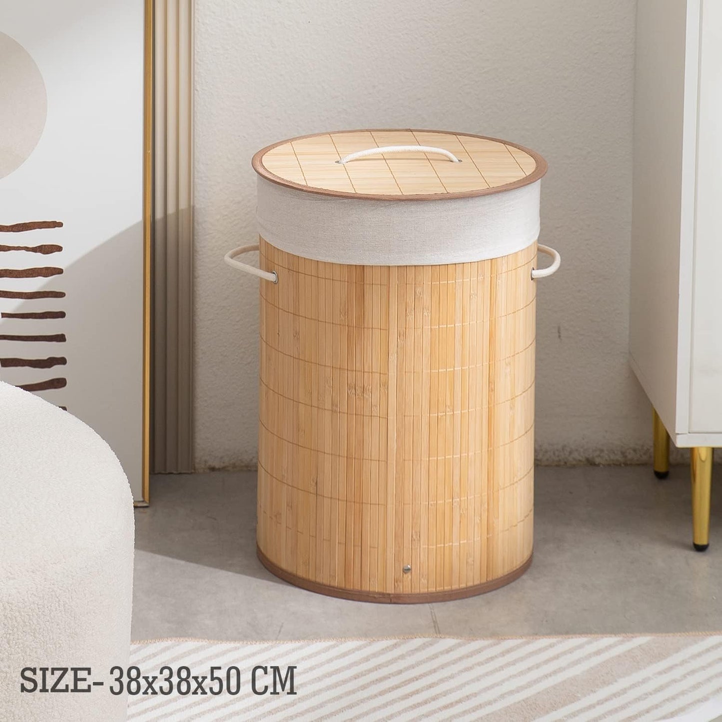 Eco-Friendly Foldable Bamboo Laundry Basket Hamper with Lid, Large - 57 Liter, Light Brown