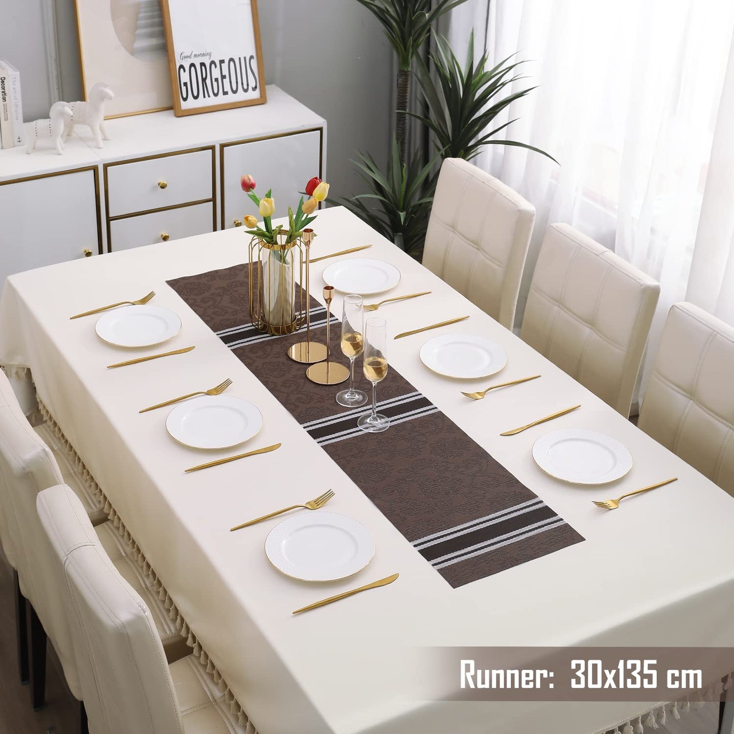 PVC Table Runner Dinner and Coffee Table, 30x135 cm, Damask Brown