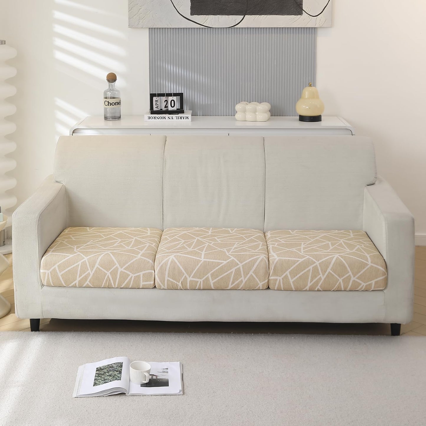 140 GSM Stretchable Printed Elastic Sofa Cushion Seat Cover for 1 /2 /3 Seaters / Pieces for Sofa, Beige Abstract Geometry