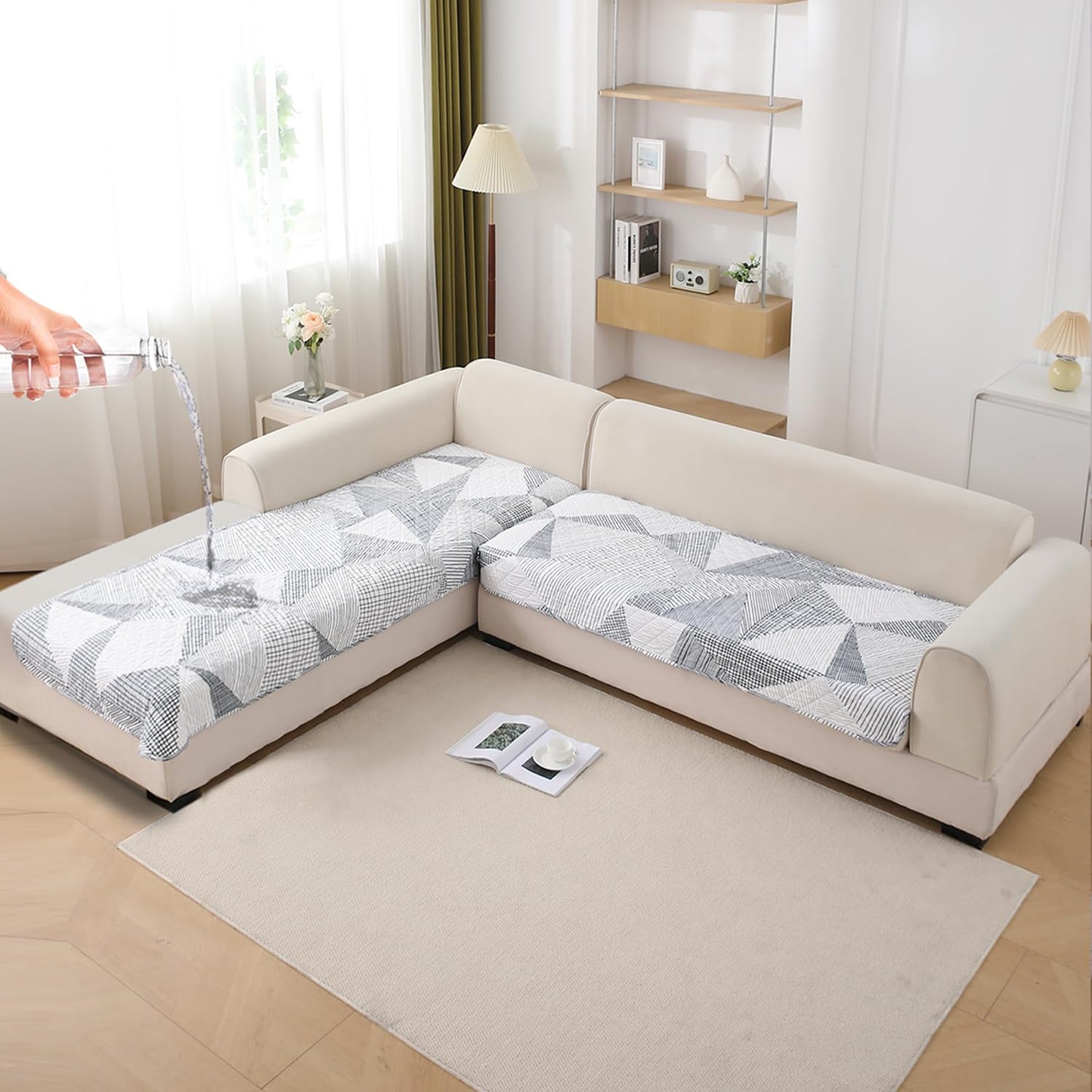 Waterproof Printed Quilted Quick Dry L Shape Sofa Seat Cover Mat, Snow White Black Geometry